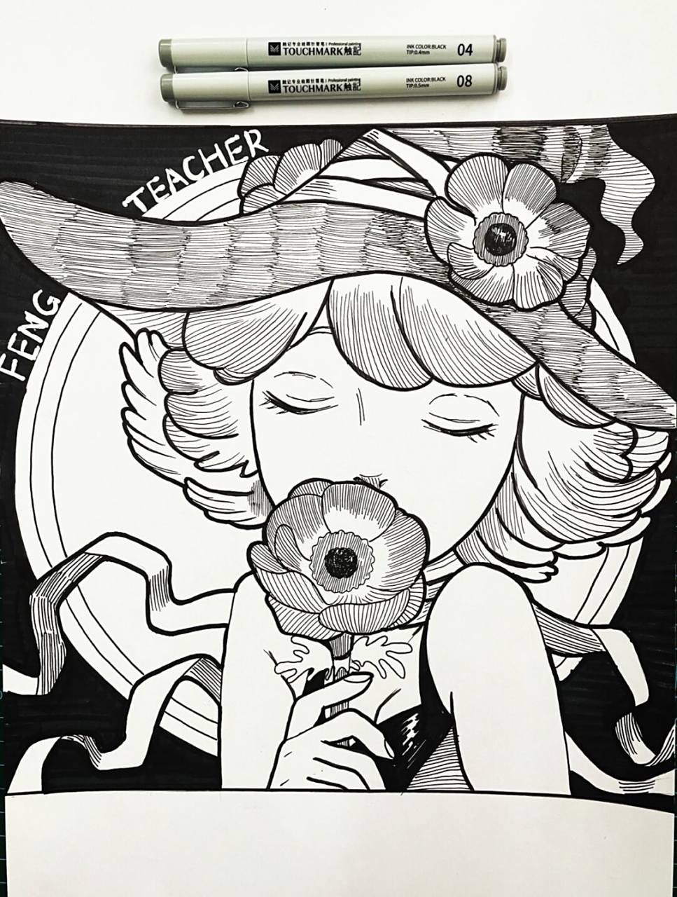 线描人物 线描女孩,儿童画,黑白装饰画,线描设计,创意线描 今日作品