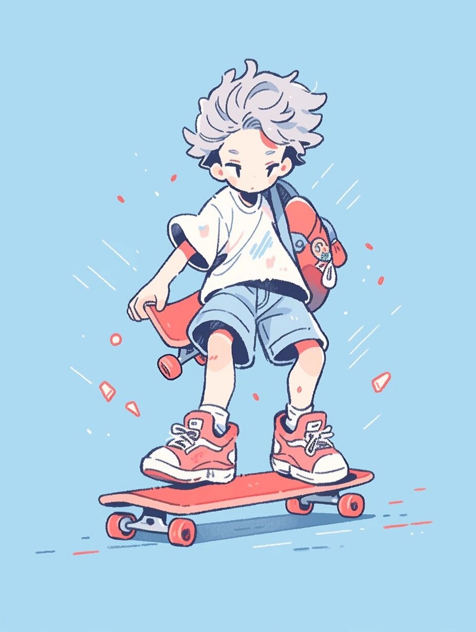 midjourney 简笔画,骑滑板的少年