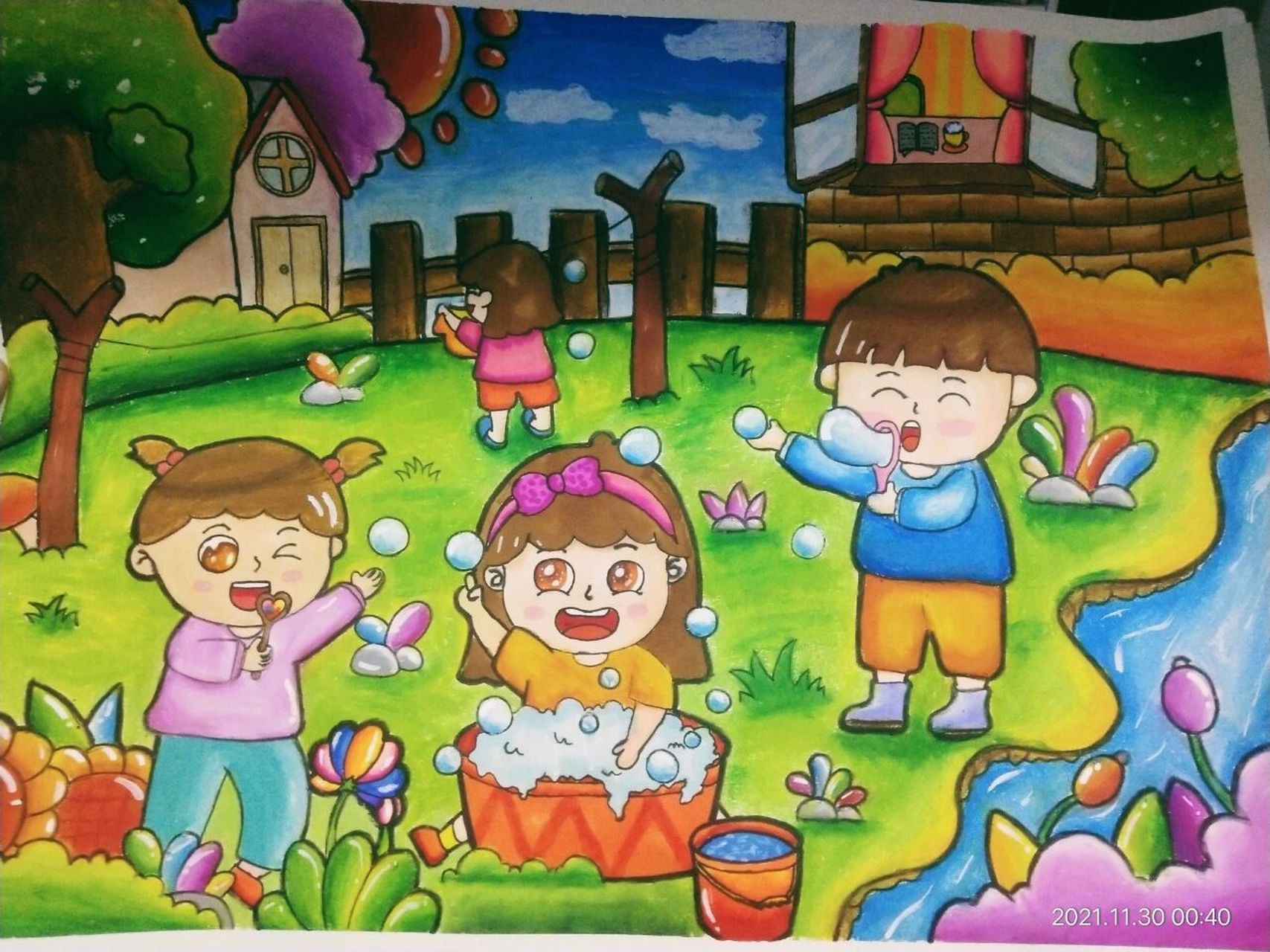 重彩油画棒儿童画《我爱劳动》 临摹非原创