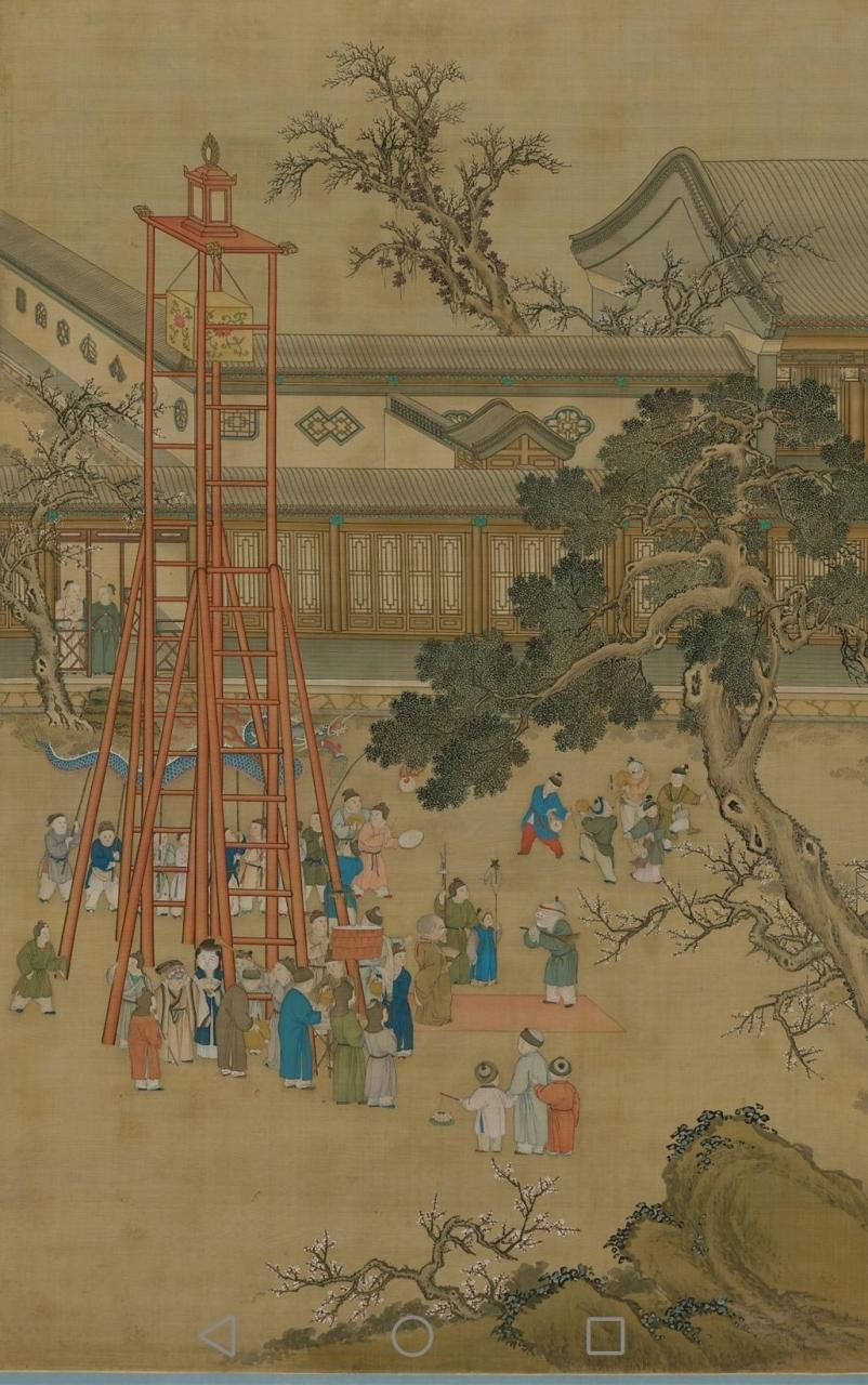 《乾隆帝元宵行乐图》是清代郎世宁创作的绢本设色画.