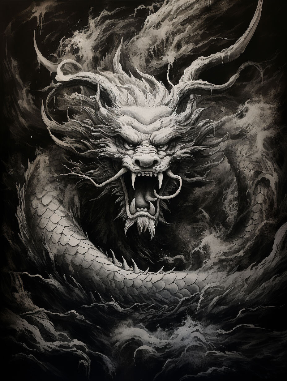 六幅超级有视觉冲击感的素描龙图ai生成