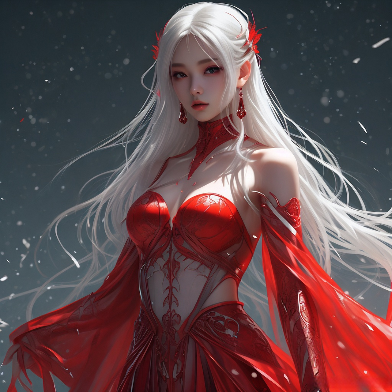 白发魔女,红衣飘飘,长发如瀑,倾泻至腰际,妖艳而神秘.