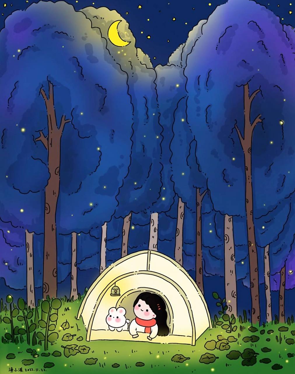 插画夜晚的月光～简笔画插画