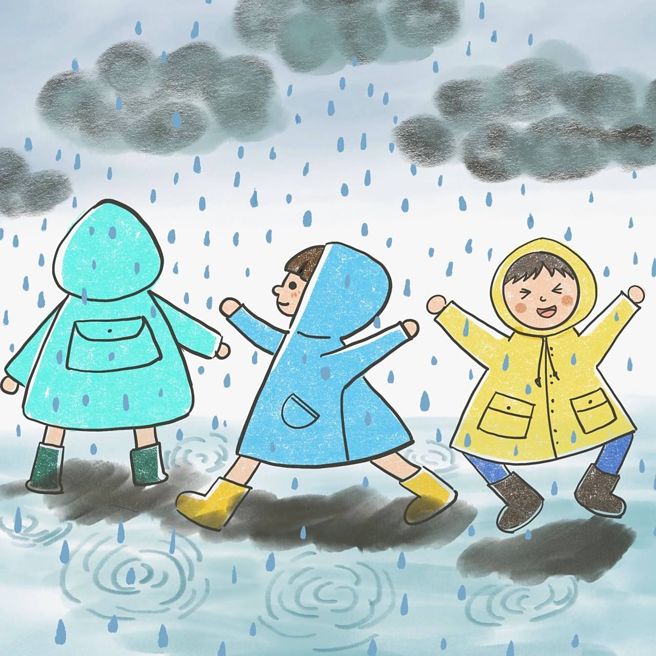 《下雨天》儿童画,浅画一下雨天里的快乐 画了一张下月天的儿童画