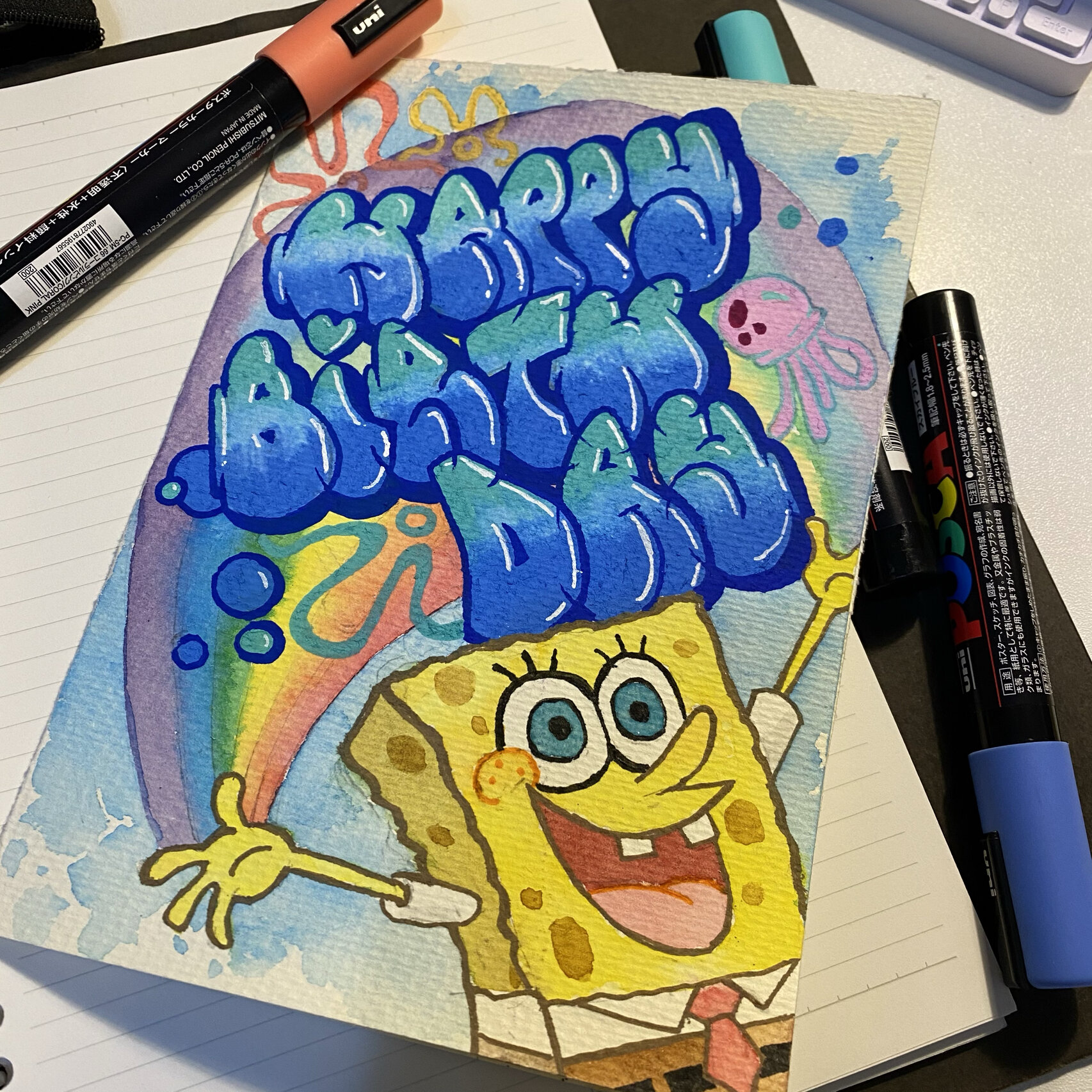 涂鸦字母生日贺卡 给朋友画的一张海绵宝宝的贺卡