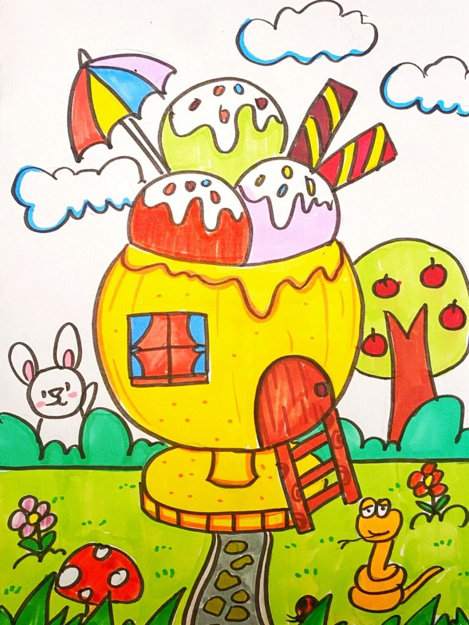 冰淇淋房子儿童画 #马克笔# #卡通画# #儿童画# #冰淇淋房子儿童画