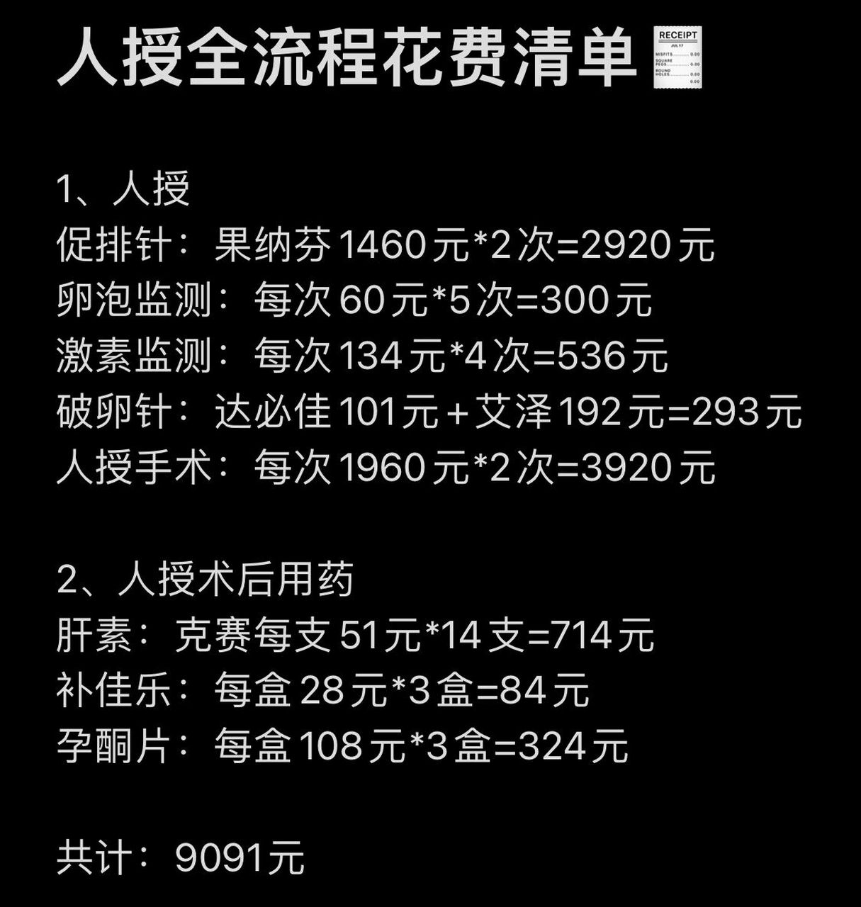 授精|单次全流程的花费清单�人授流程 促排针:果纳芬1460元*2