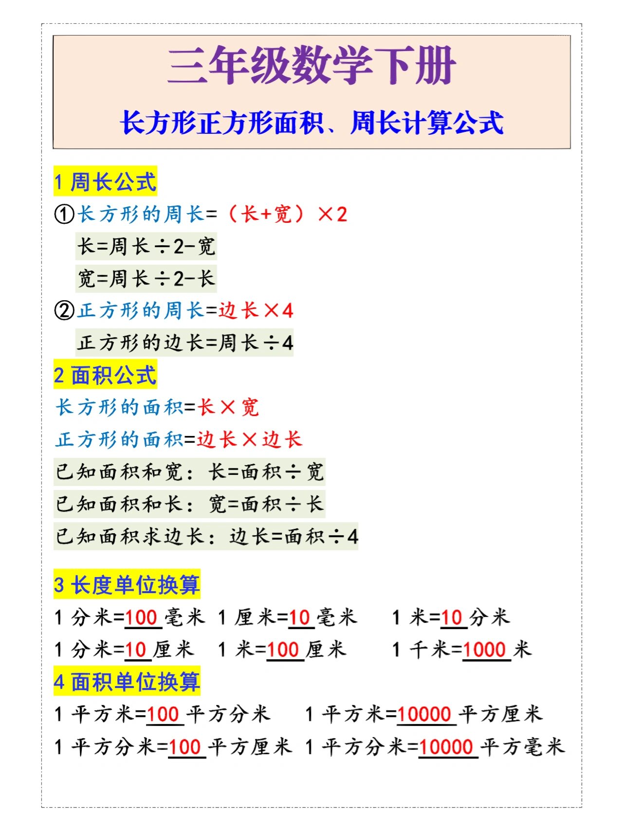 三年级数学下册面积周长计算公式汇总