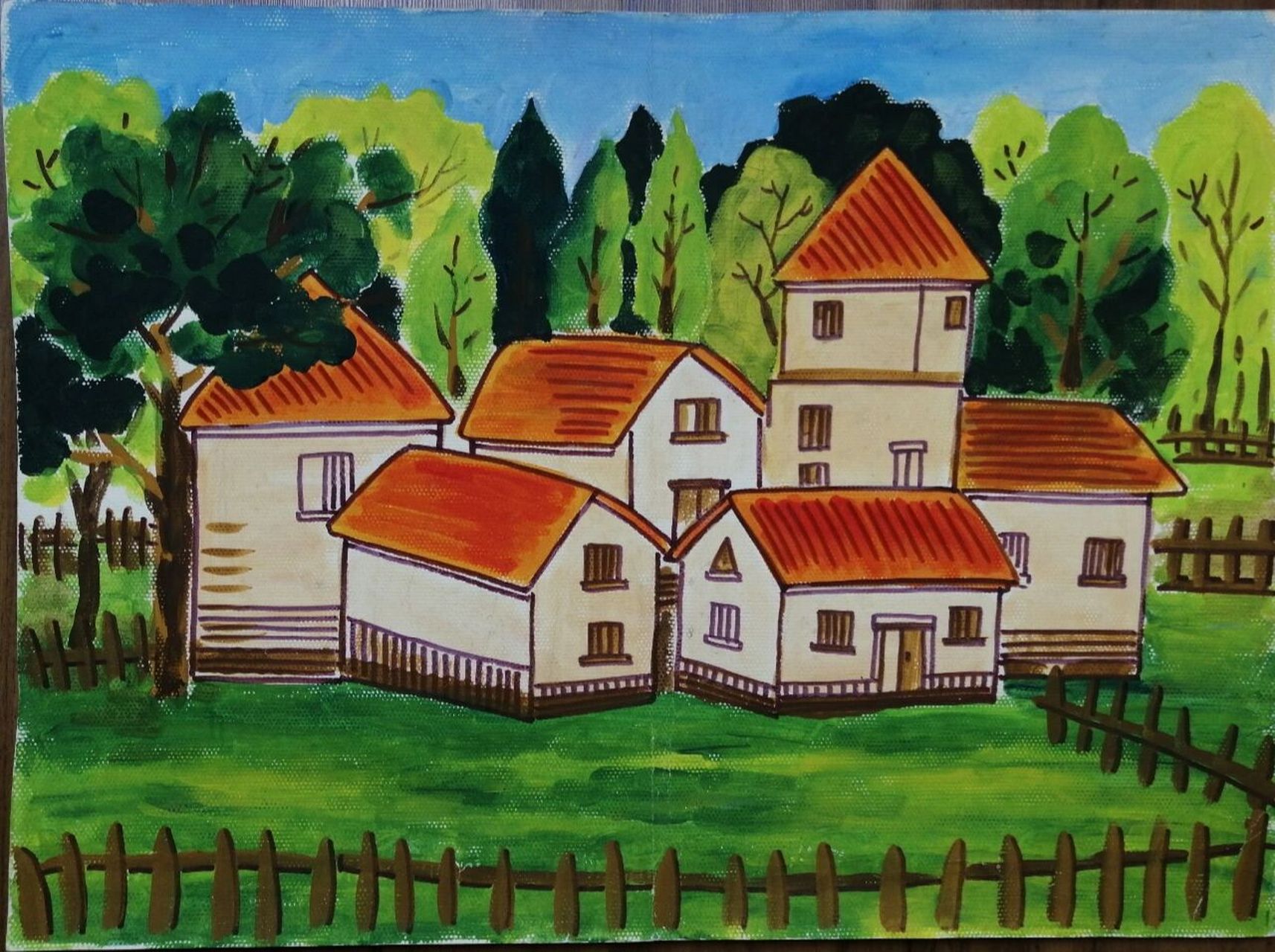 儿童水粉画—美丽乡村 先画水粉,再用水彩笔勾线,小房子和周围环境的