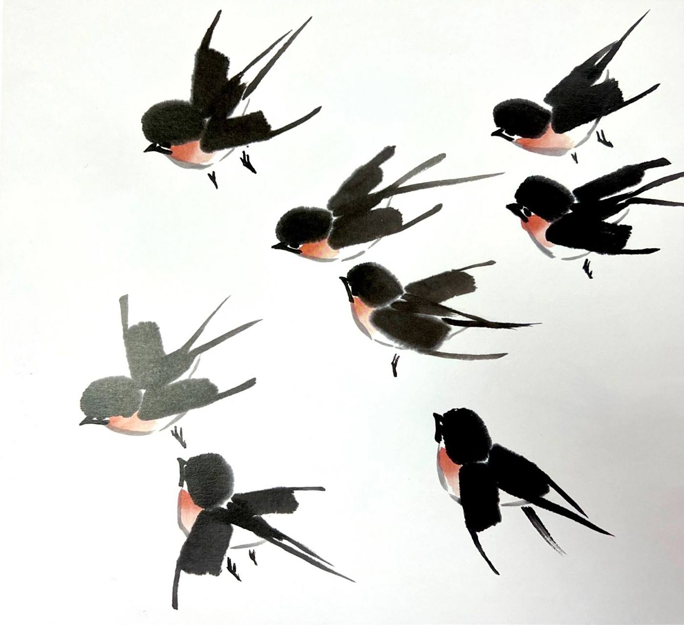 国画《燕子》的画法 燕子飞行的动态规律 一点三线:头为一"点",双翅和
