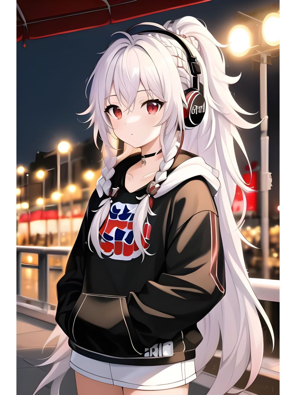 夜晚戴耳机的优雅女孩,动漫二次元绘画人物