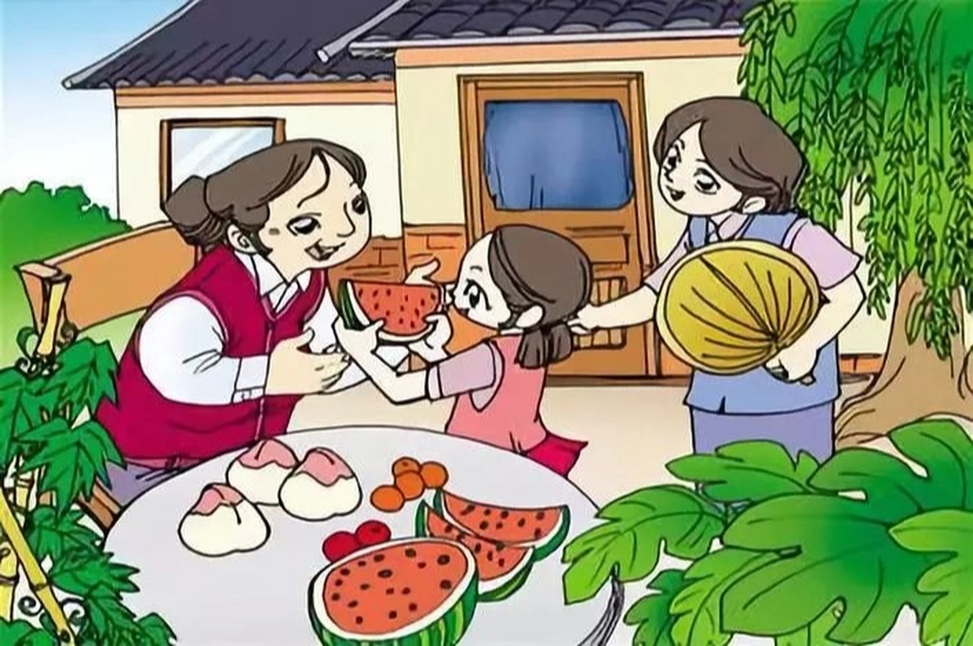 看图写话 看望外婆 暑假的一天,妈妈带着丽丽去外婆家, 外婆家的小院