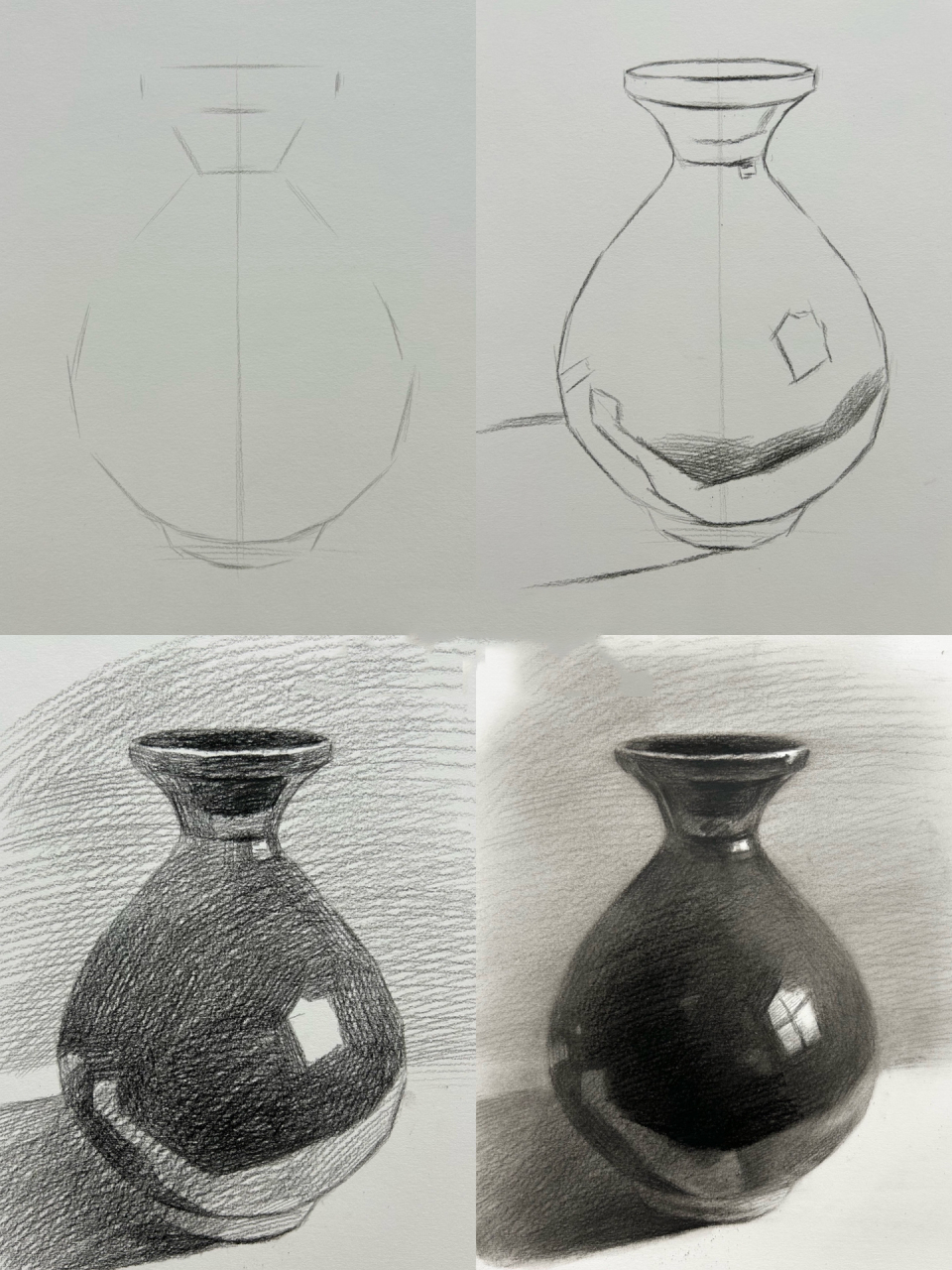 素描基础静物 罐子图文 不是很复杂的造型,注意左右对称 釉面的质感