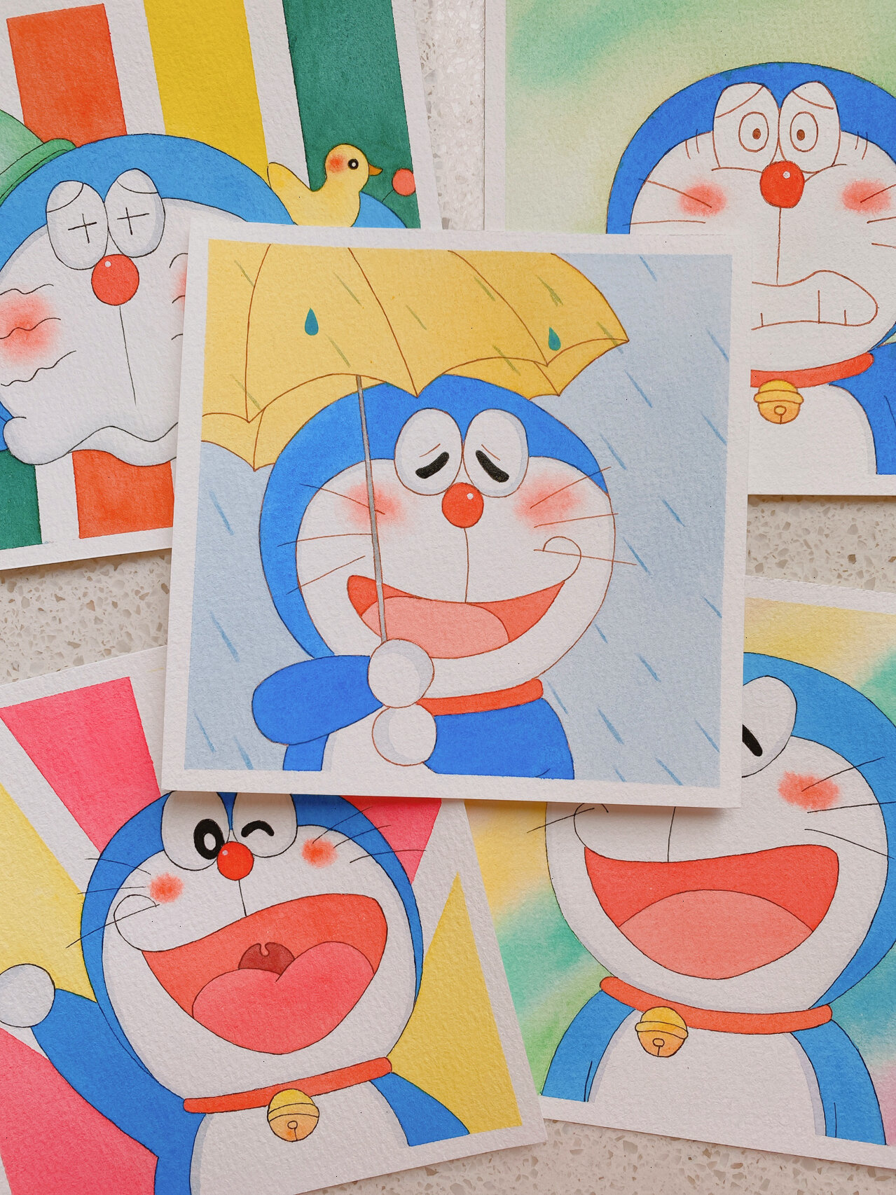 水彩卡通画|哆啦a梦(附线稿)|手绘插画 可爱的叮当猫蓝胖子系列来啦