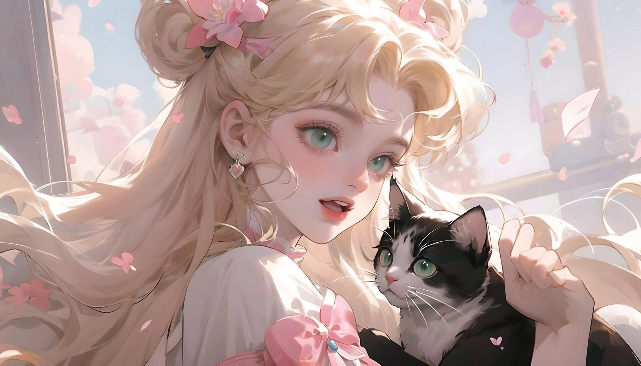 美少女战士电脑壁纸 | 抱猫少女之粉色系 粉色水兵月真的太温柔太治愈