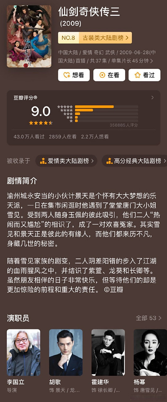 0分 胡歌,霍建华,杨幂,唐嫣,刘诗诗等主演的《仙剑奇侠传三》豆瓣评分