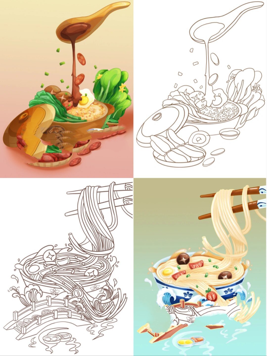 国风插画|传统美食米线 煲仔饭