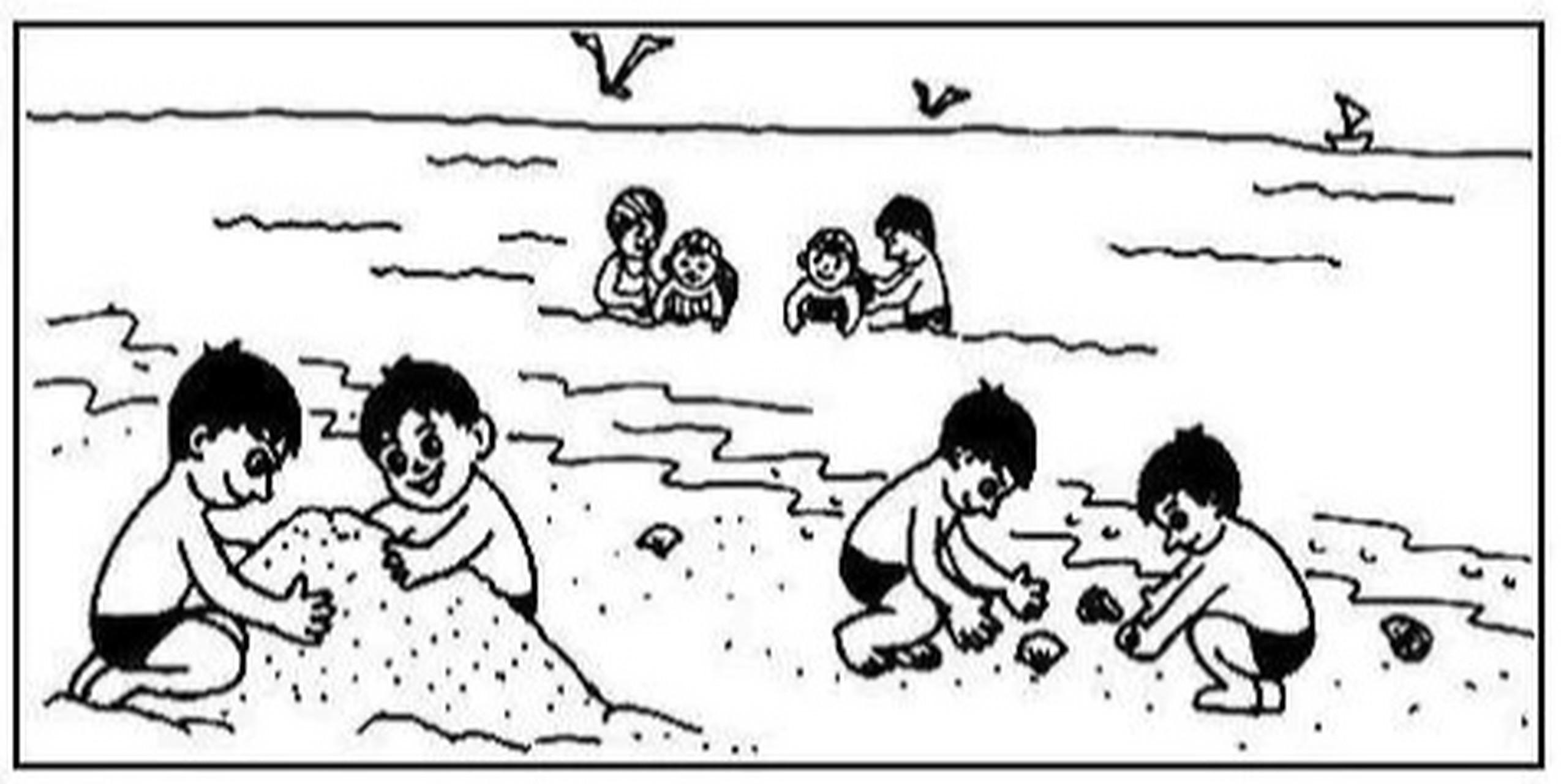 看图写话 夏日沙滩 夏天到了,晴空万里,蓝蓝的天空上飘着一朵朵白云