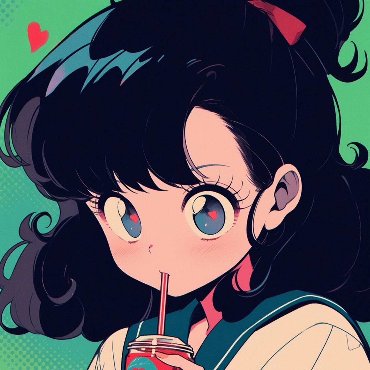 旧漫风女生喝饮料头像 1970s anime, a cool and cute girl, close up