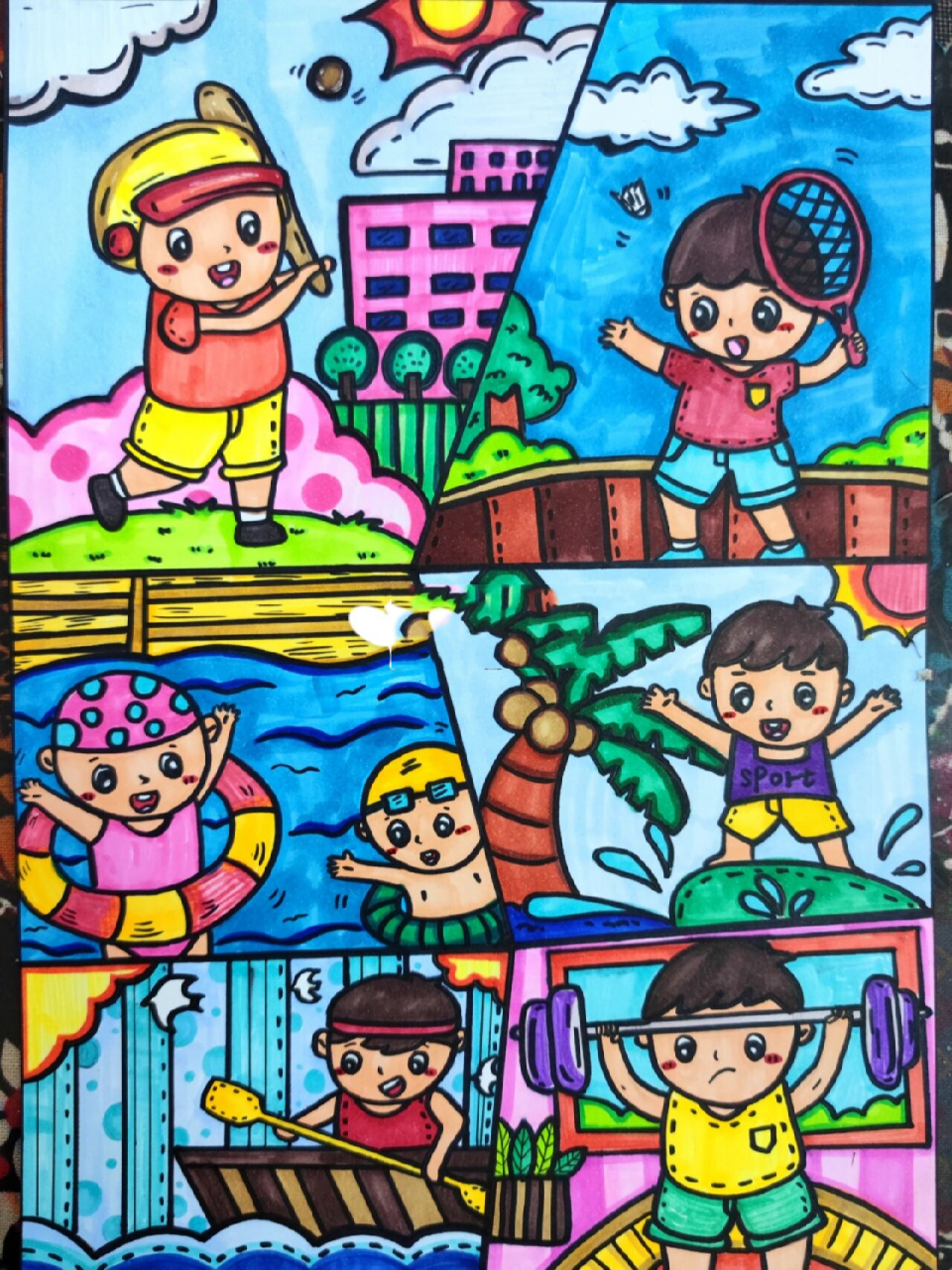 运动主题儿童画 手抄报可用~ 参考来自:队队龙儿童画 马上要开学了