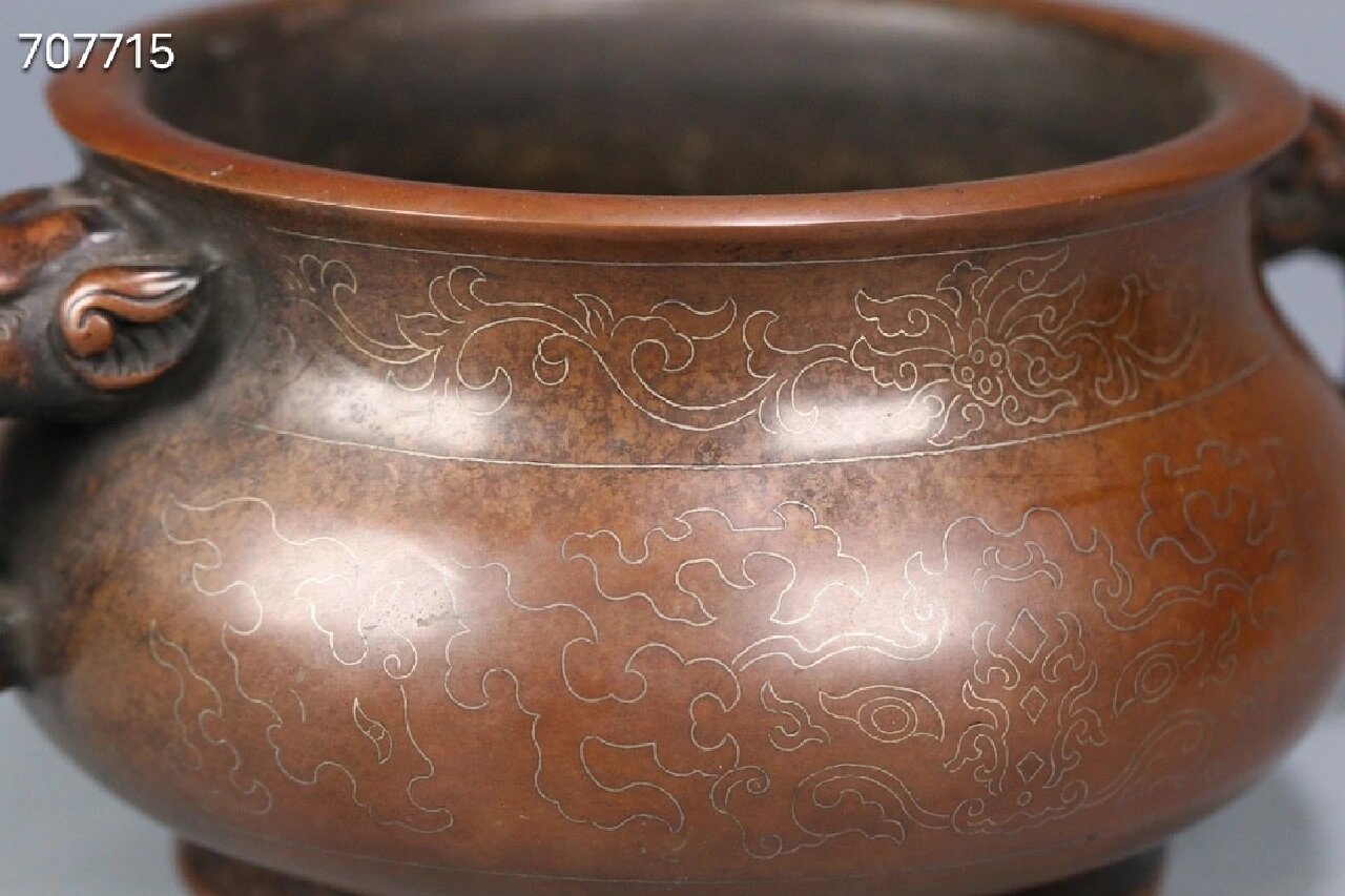 旧藏 案头精品 "石叟"款嵌银丝双象耳铜香炉,原配老紫檀底托炉盖,和田