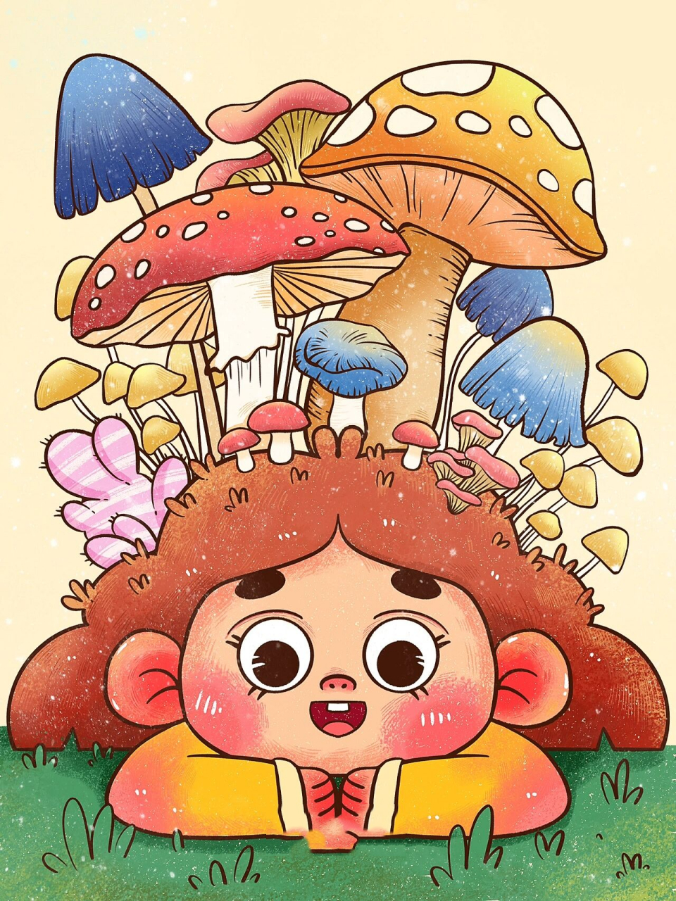 儿童插画|描边插画|黑白线稿|蜡笔|原创插画 我的脑袋长满了蘑菇