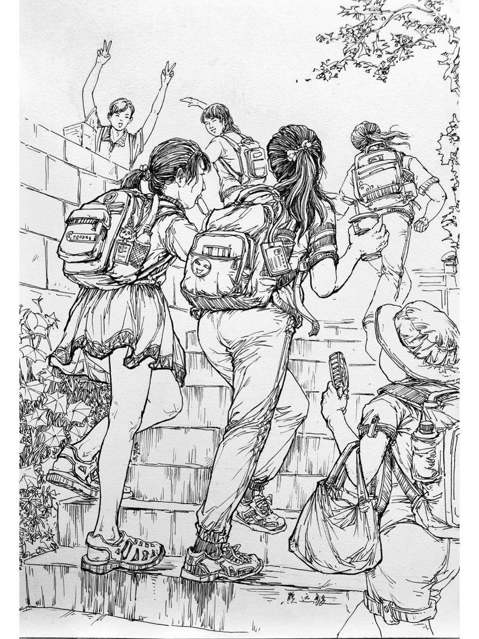 场景速写《放学了》《爬山》《郊游》《爬石梯》 小时候上小学,条件