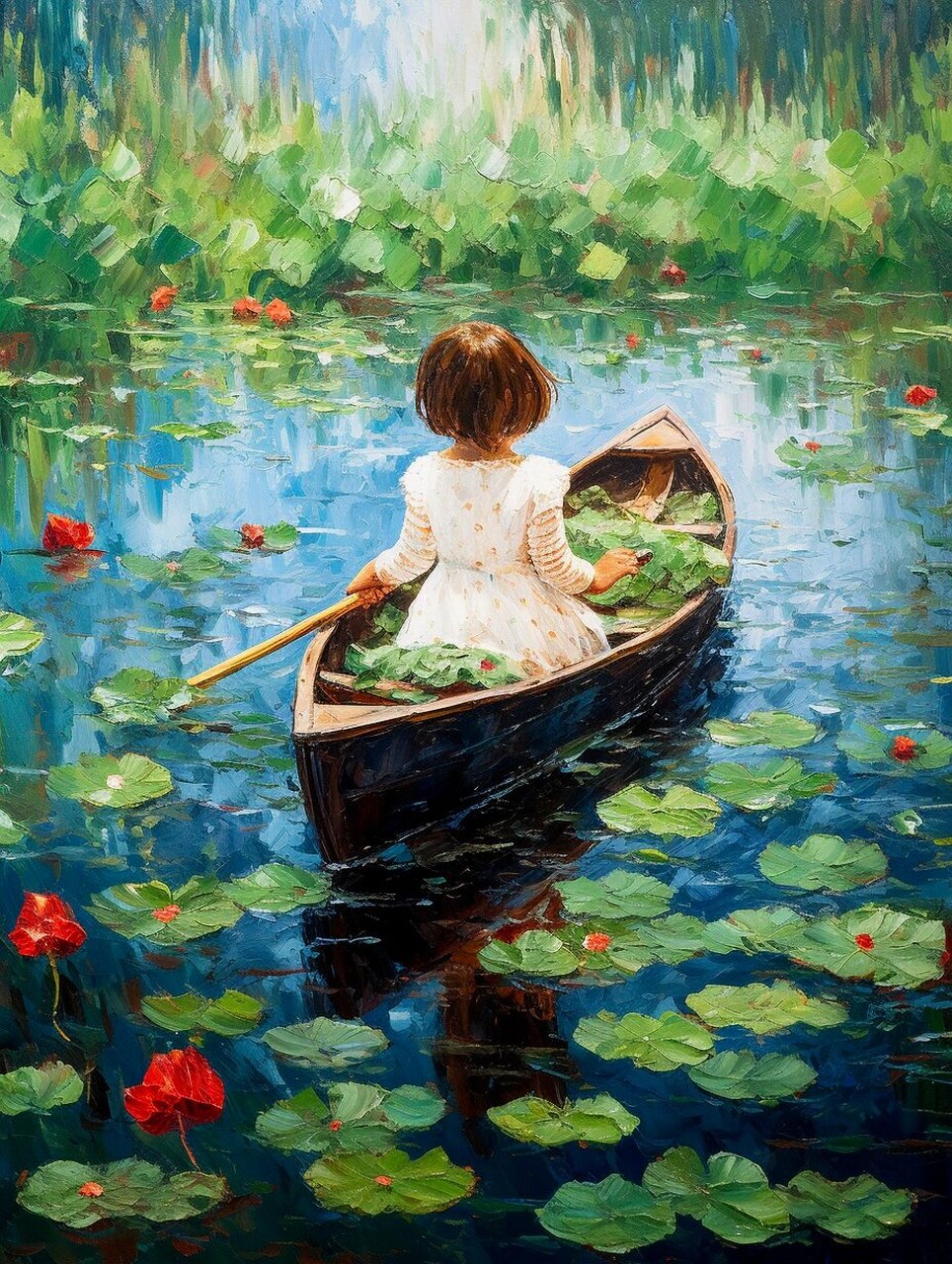 油画风格 —— 荷花池里的小女孩