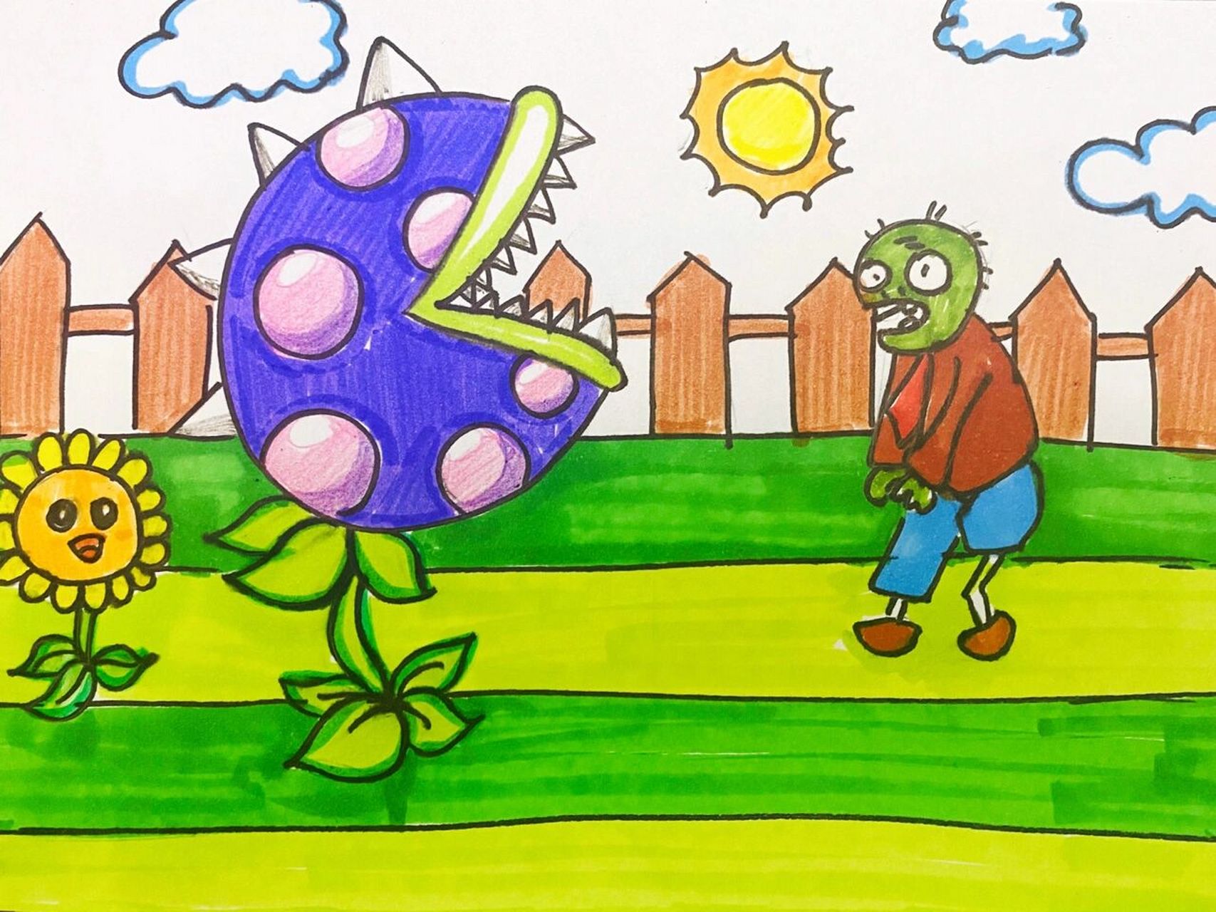 植物大战僵尸儿童画 #卡通画# #马克笔# #儿童画# #植物大战僵尸