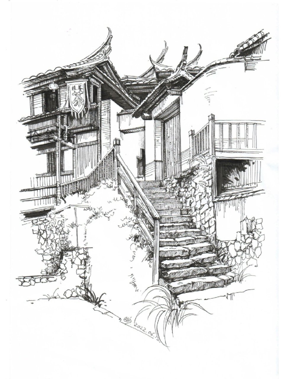 近期建筑钢笔画整理10 这期几张是古民居建筑,主页上翻有各张的视频版