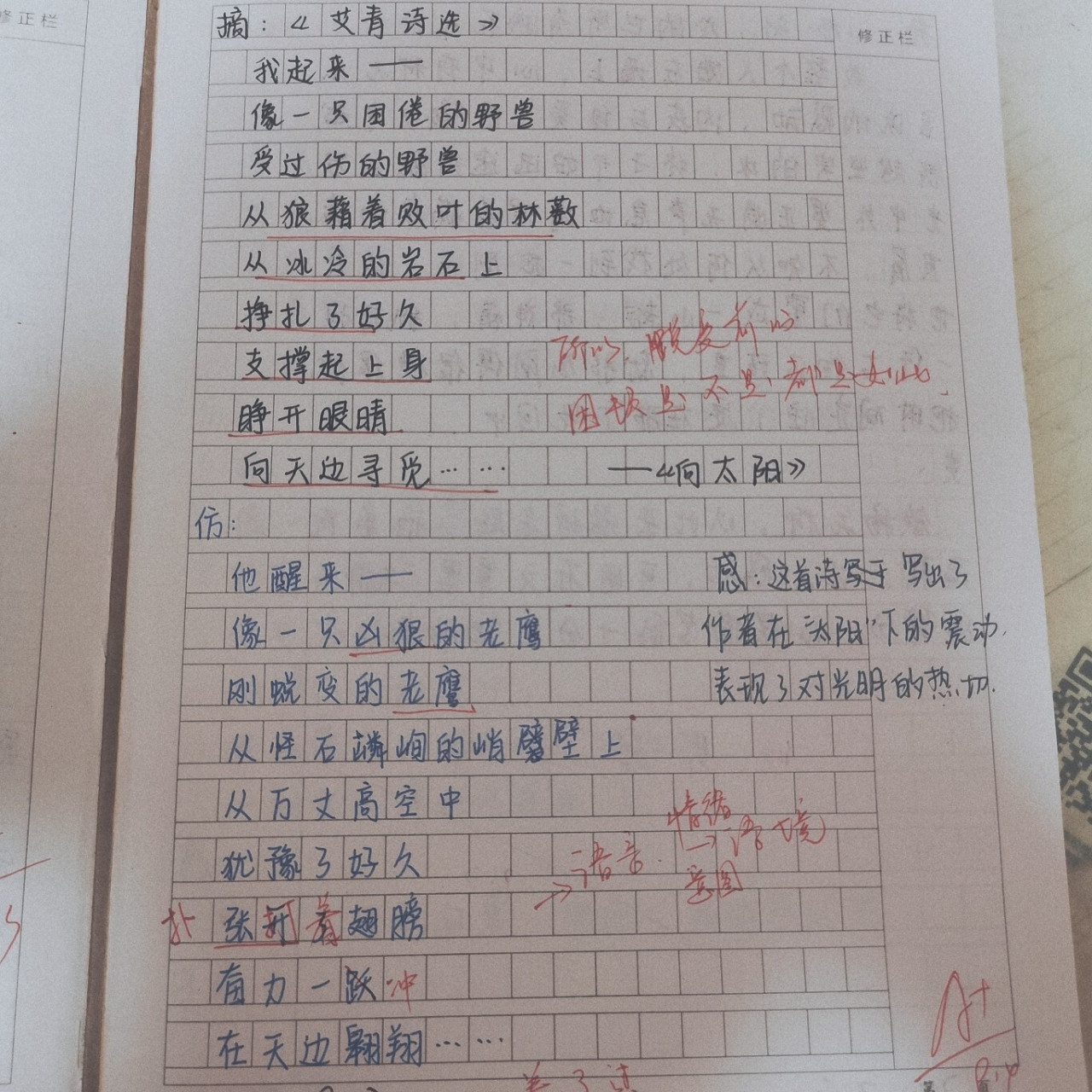 初三语文:《艾青诗选》摘抄 仿写 这是近一个月的语文作业呀 每天仿写