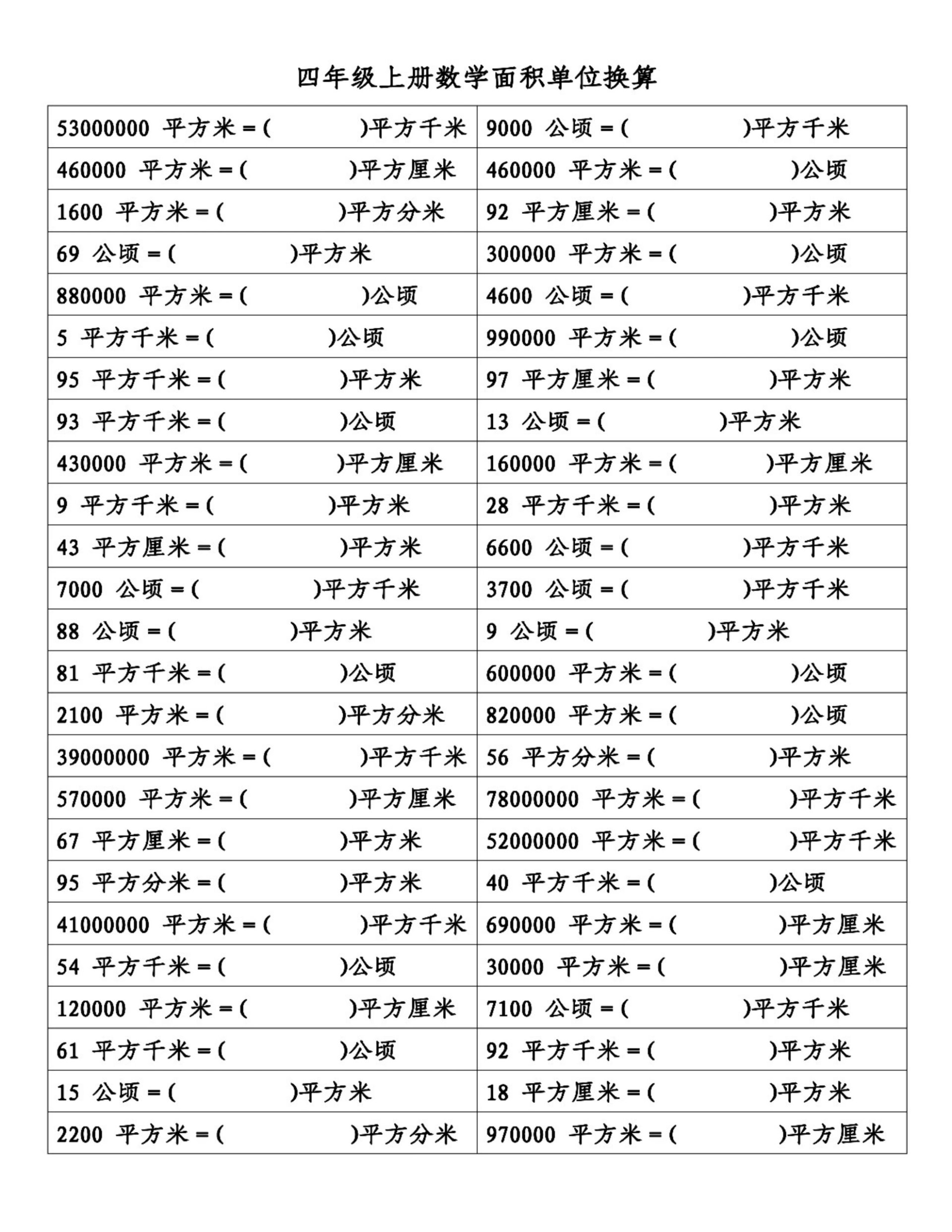 四年级上册数学单位换算专练(带答案) 将易错的单位换算都归类了,单位