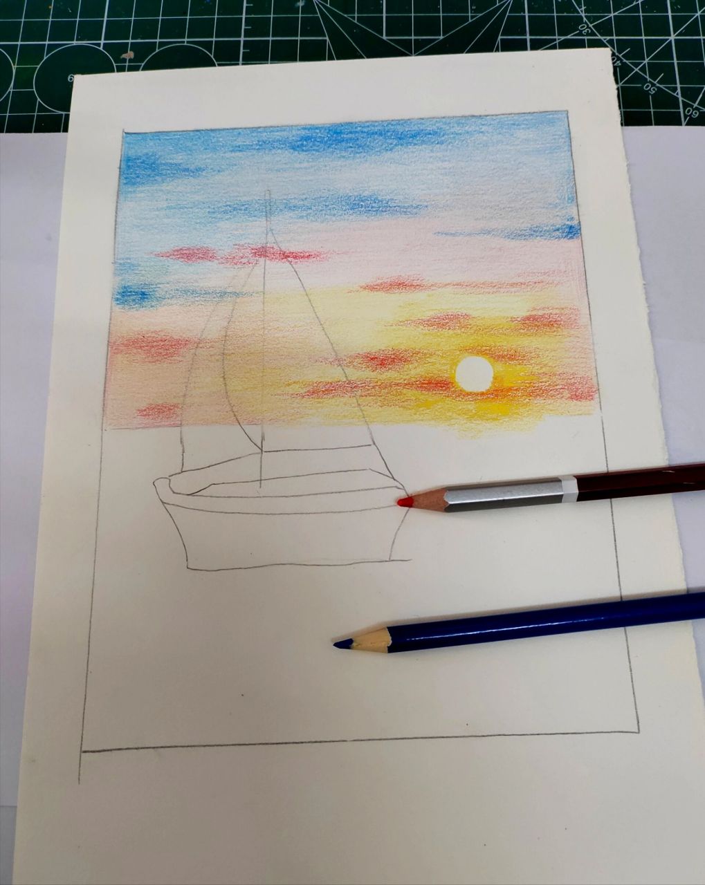 简单彩铅风景画《海上帆船》附过程图 临 适合八岁以上孩子学习