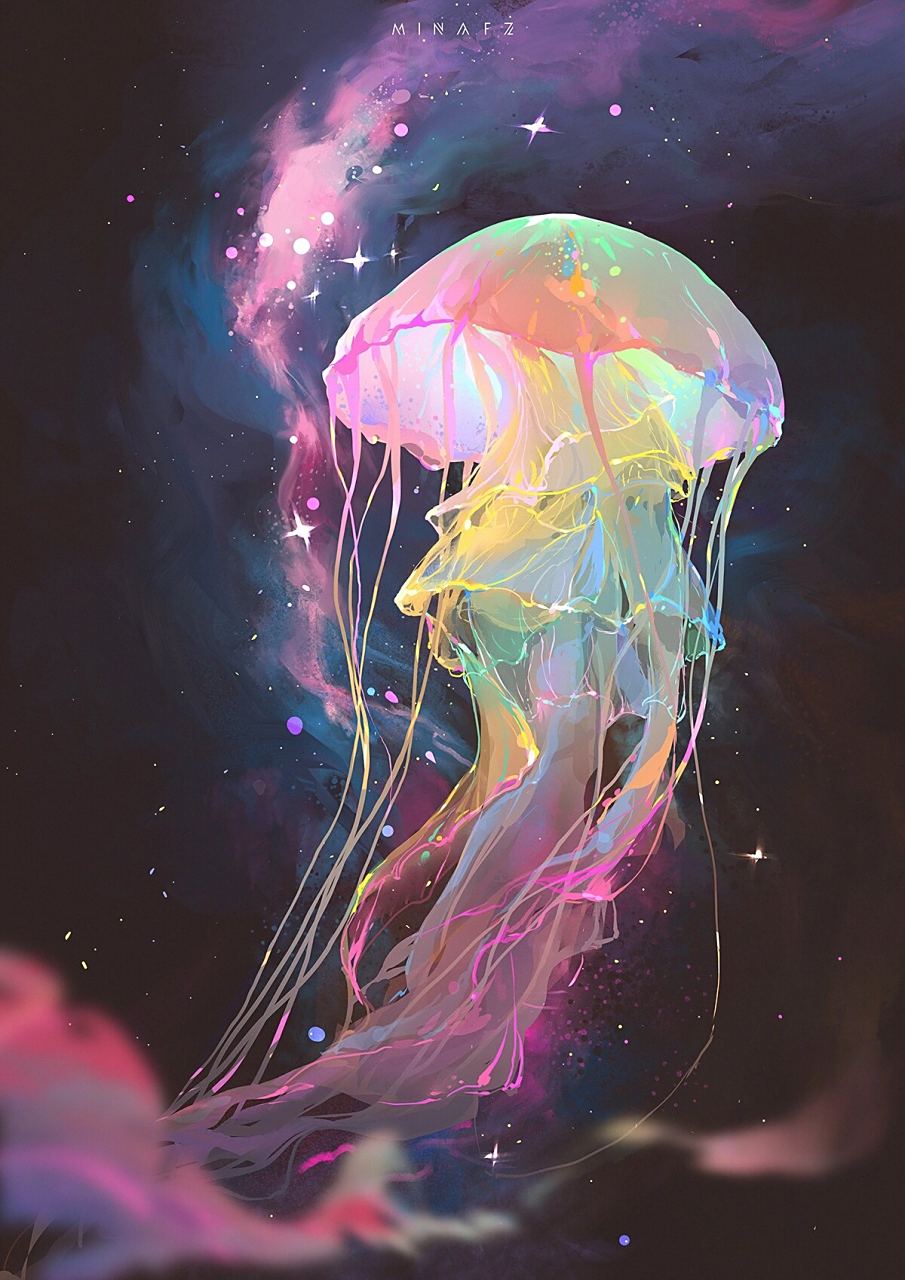 今天直播画的水母~速涂练习 五彩斑斓的水母,p2是颜色参考,p3背景参考