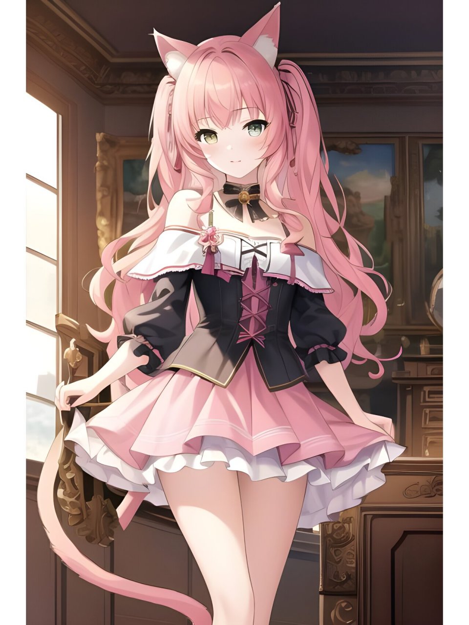 甜美可爱精灵耳猫尾女孩,动漫二次元绘画