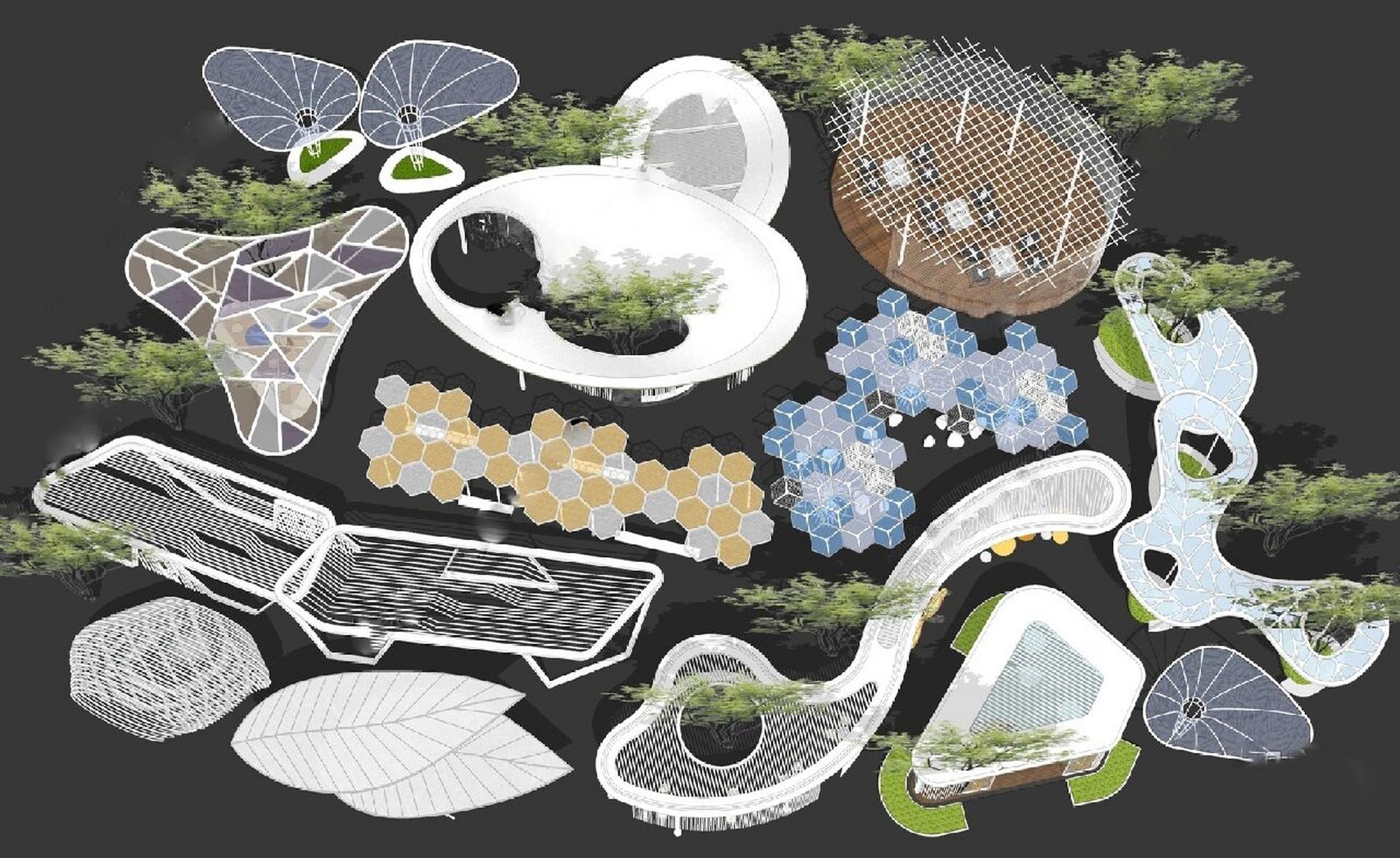 90设计素材分享|异形廊架凉亭景观小品su 90廊架花架凉亭景观构筑