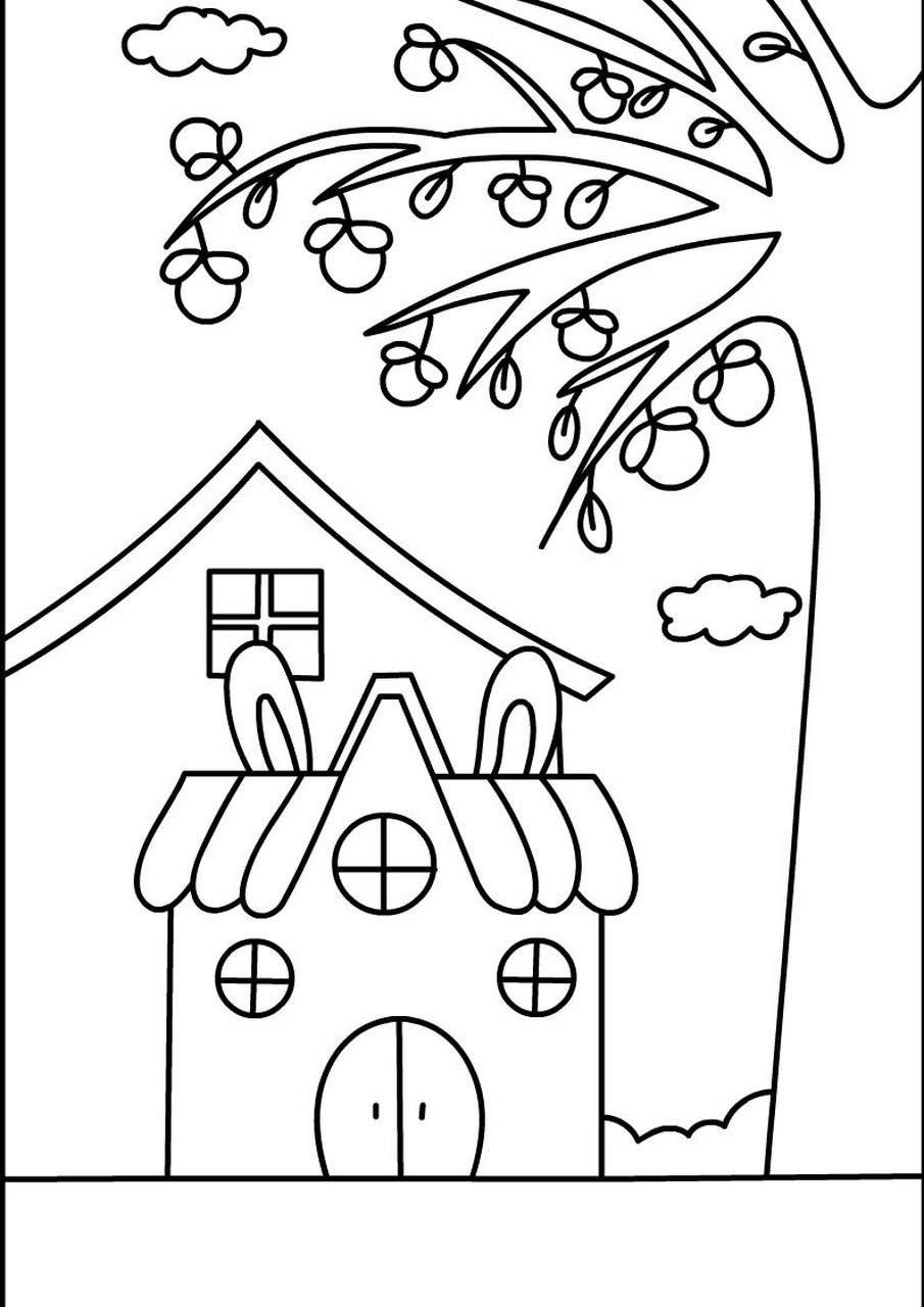 秋天的小兔子房子,柿子树, 简单好看的儿童画