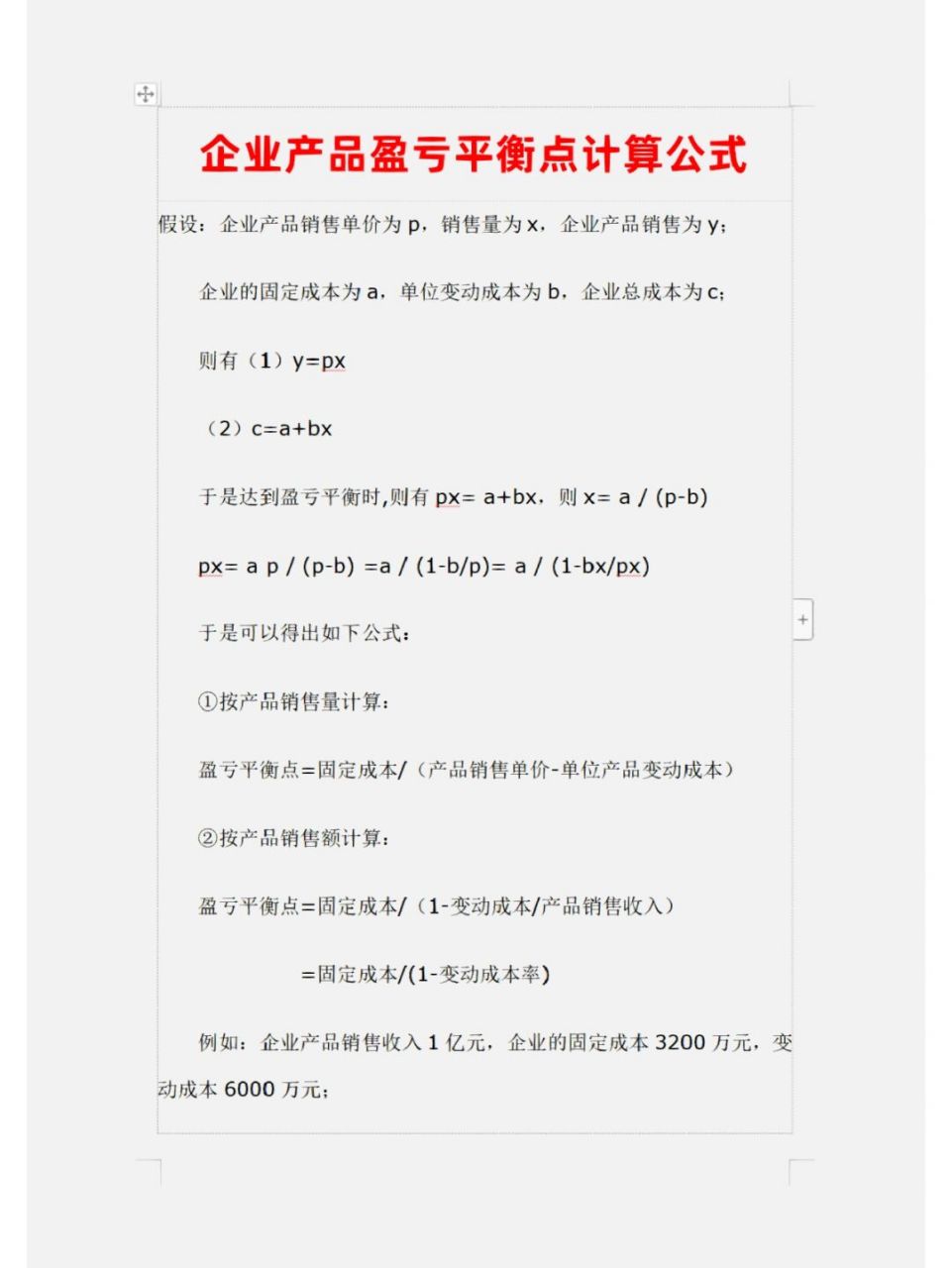 企业产品盈亏平衡点计算公式