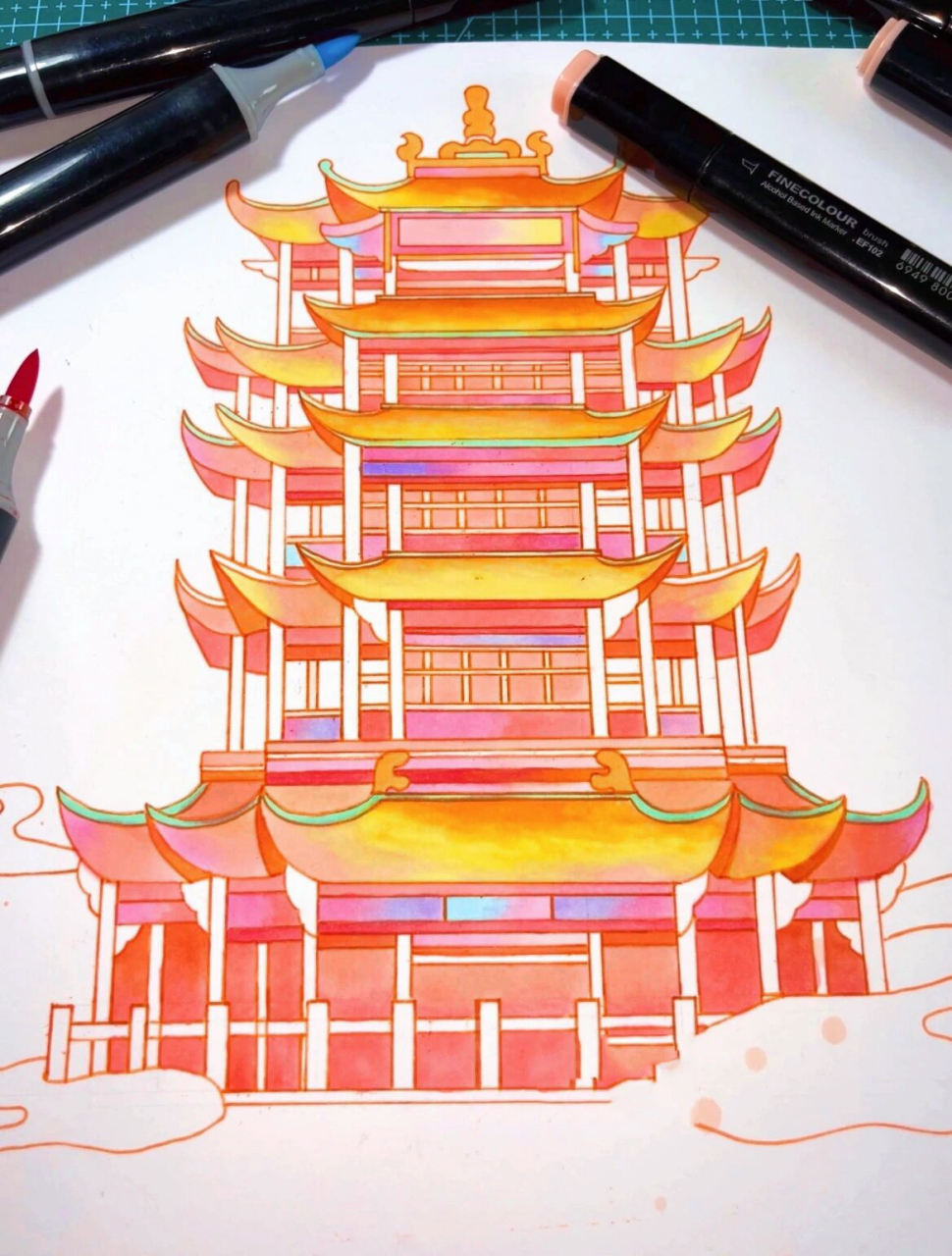 马克笔手绘|武汉94标志建筑-黄鹤楼 万能建筑元素-黄鹤楼 适用于