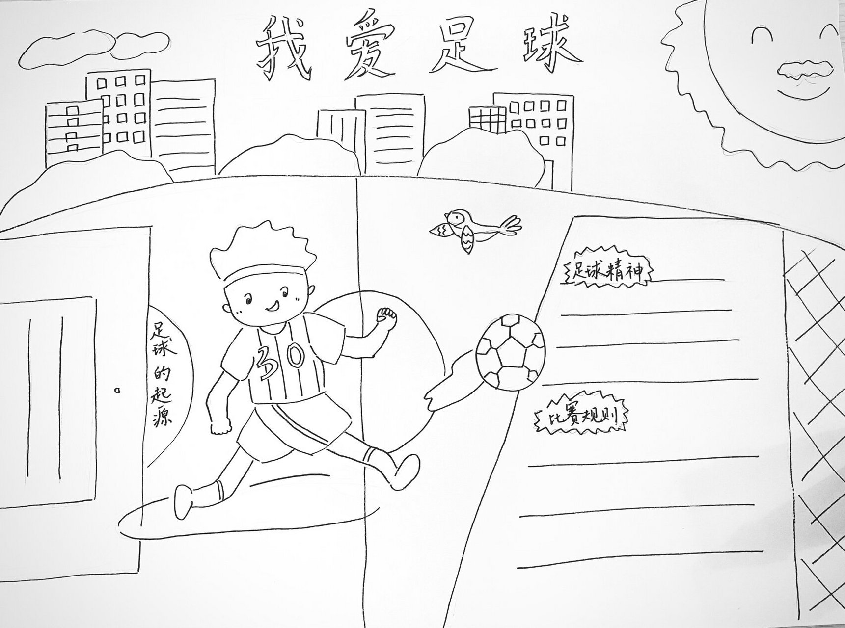 足球主题手抄报 儿子小学需要的足球主题手抄报 思路: 和儿子探讨了