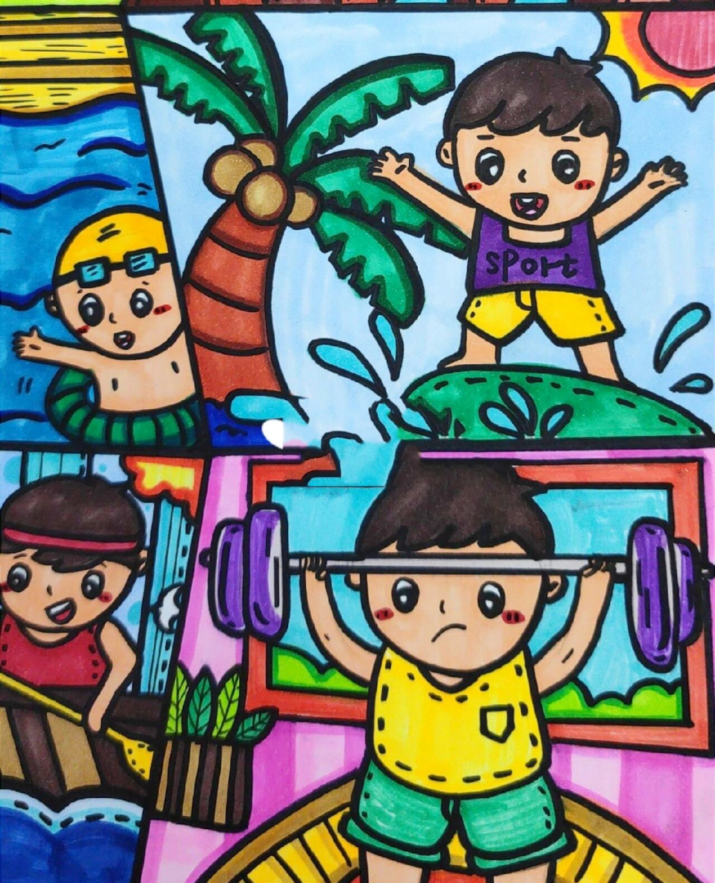 运动主题儿童画 手抄报可用~ 参考来自:队队龙儿童画 马上要开学了