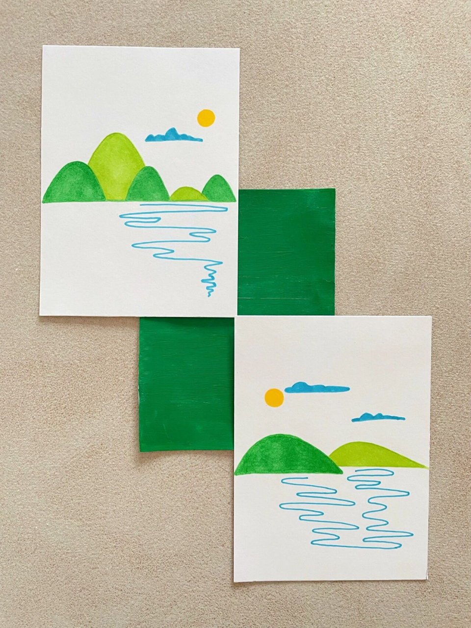 「风景」简笔画 绿色的小山,蓝色的湖水,春天的气息,扑面而来 工具:多