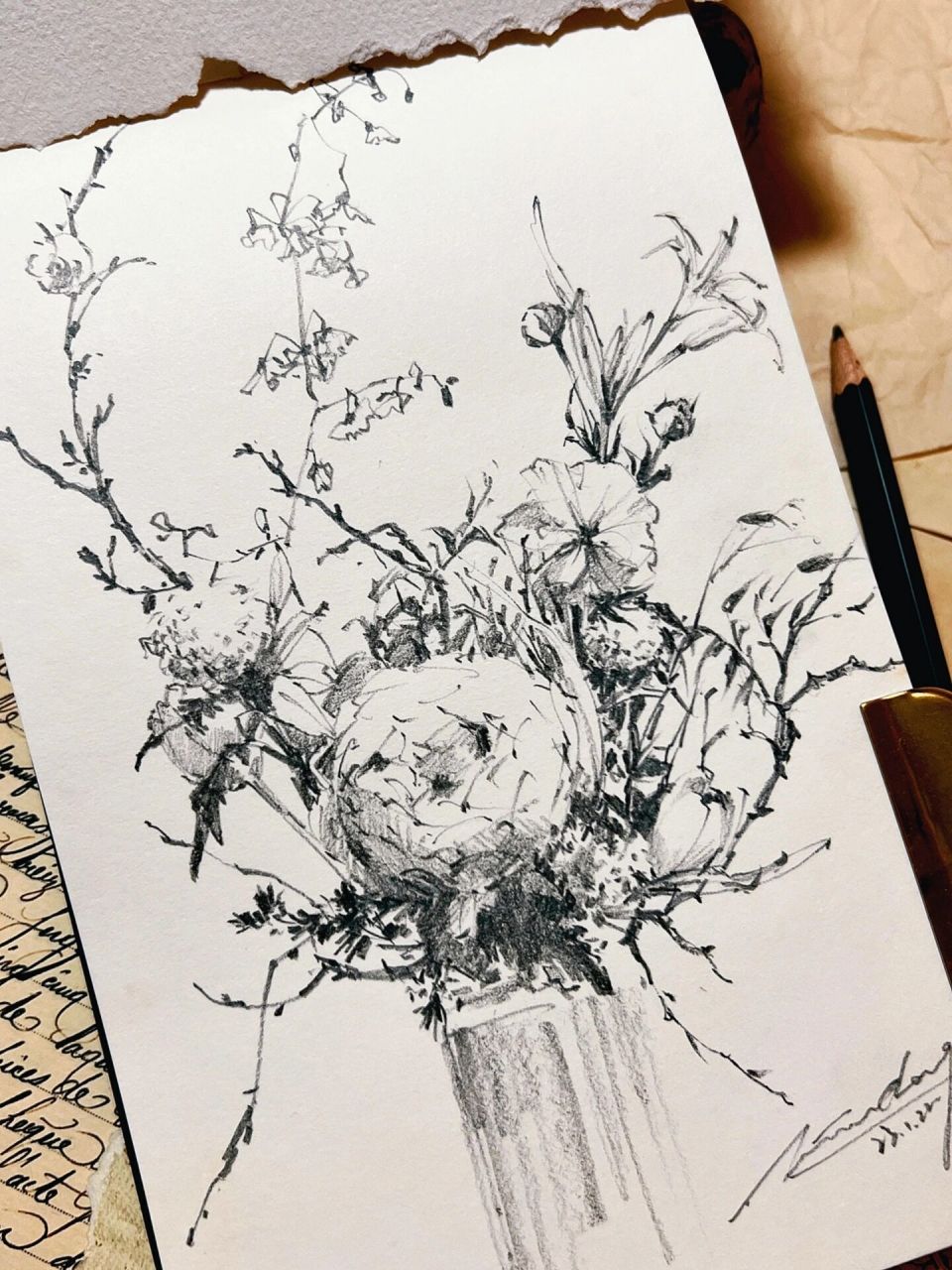 花卉速写 铅笔手绘花卉 线描花卉 插花速写98