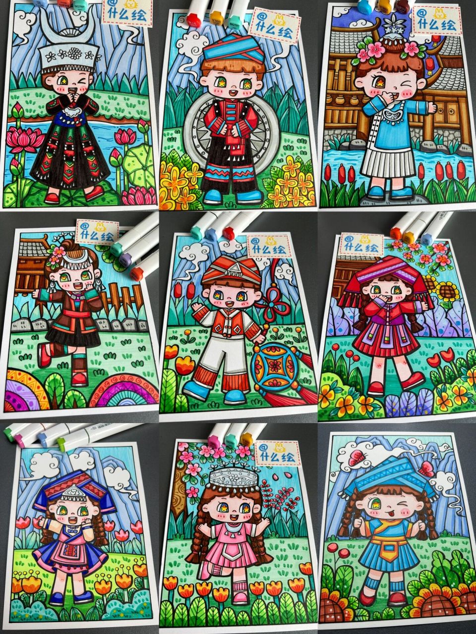 三月三人物儿童画集合 今天的朋友圈都是三月三美食和民族服饰,太养眼