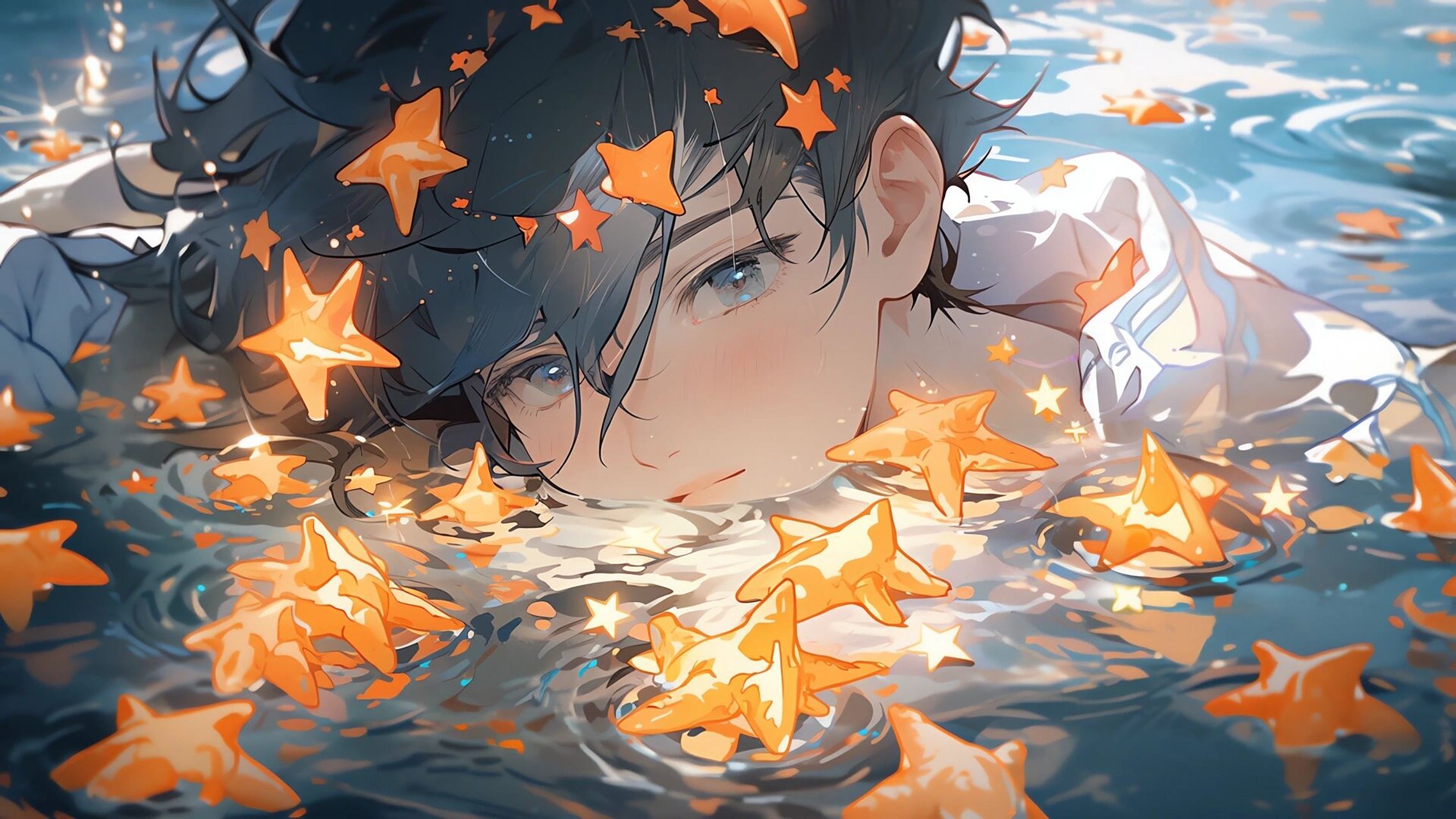 82男孩82 | 电脑壁纸 水中星星动漫少年,治愈系 midjourney|ai