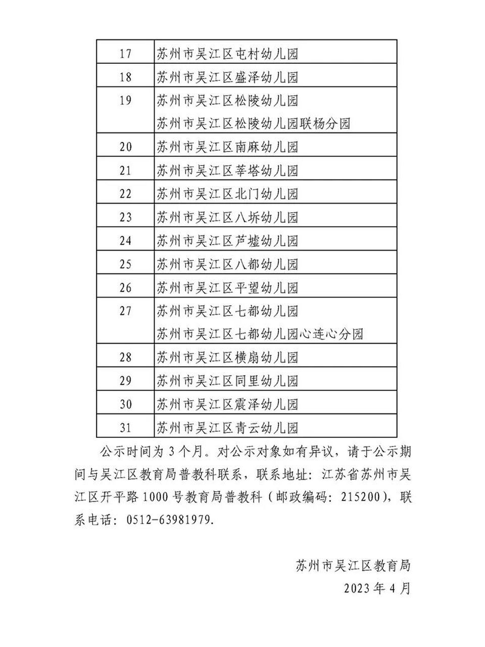 2023吴江区"江苏省优质幼儿园名单" 2023吴江区复审通过的"江苏省优质
