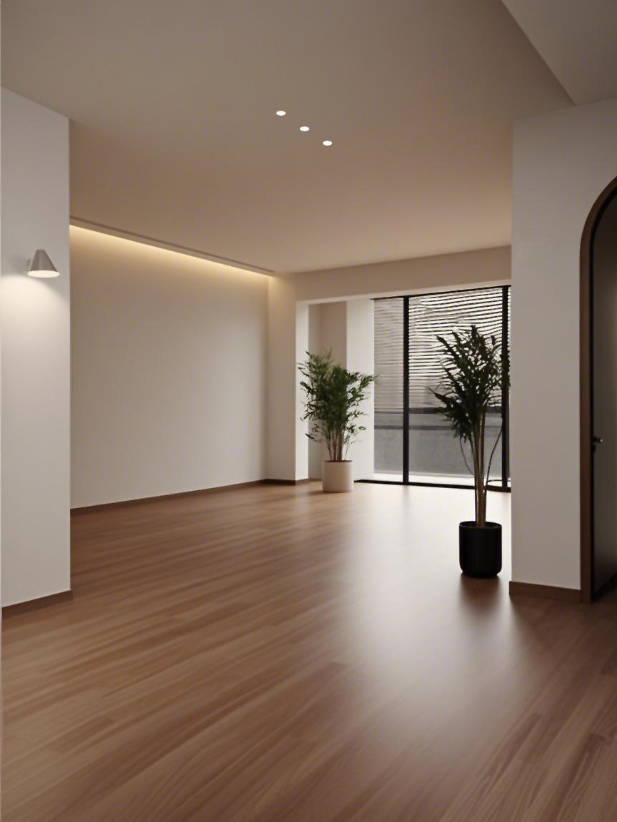 设计 - 硬装上没有太多修饰 墙面白色乳胶漆 地面胡桃色木地板通铺 全