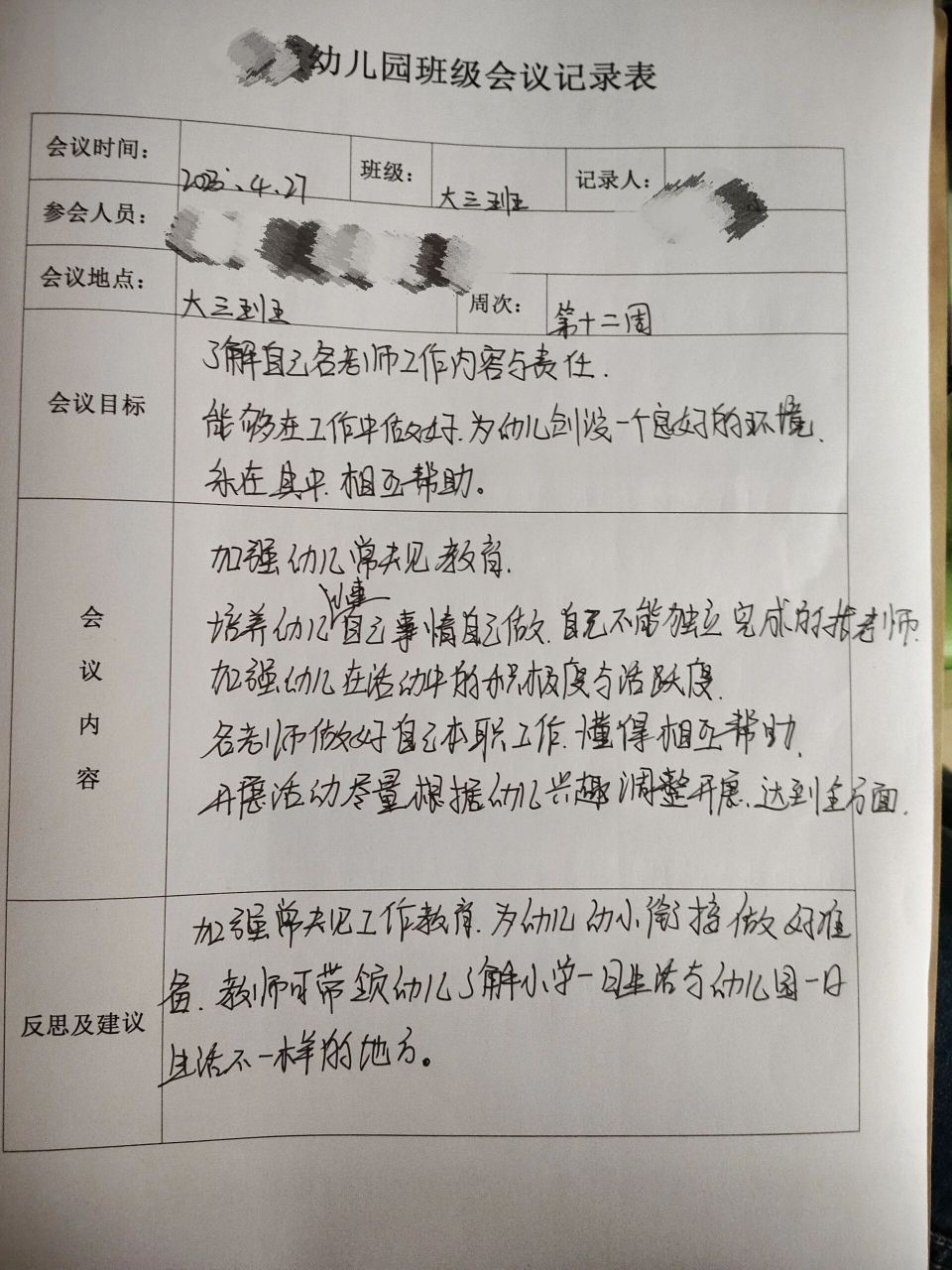 幼儿园班级会议记录表 又到月底了