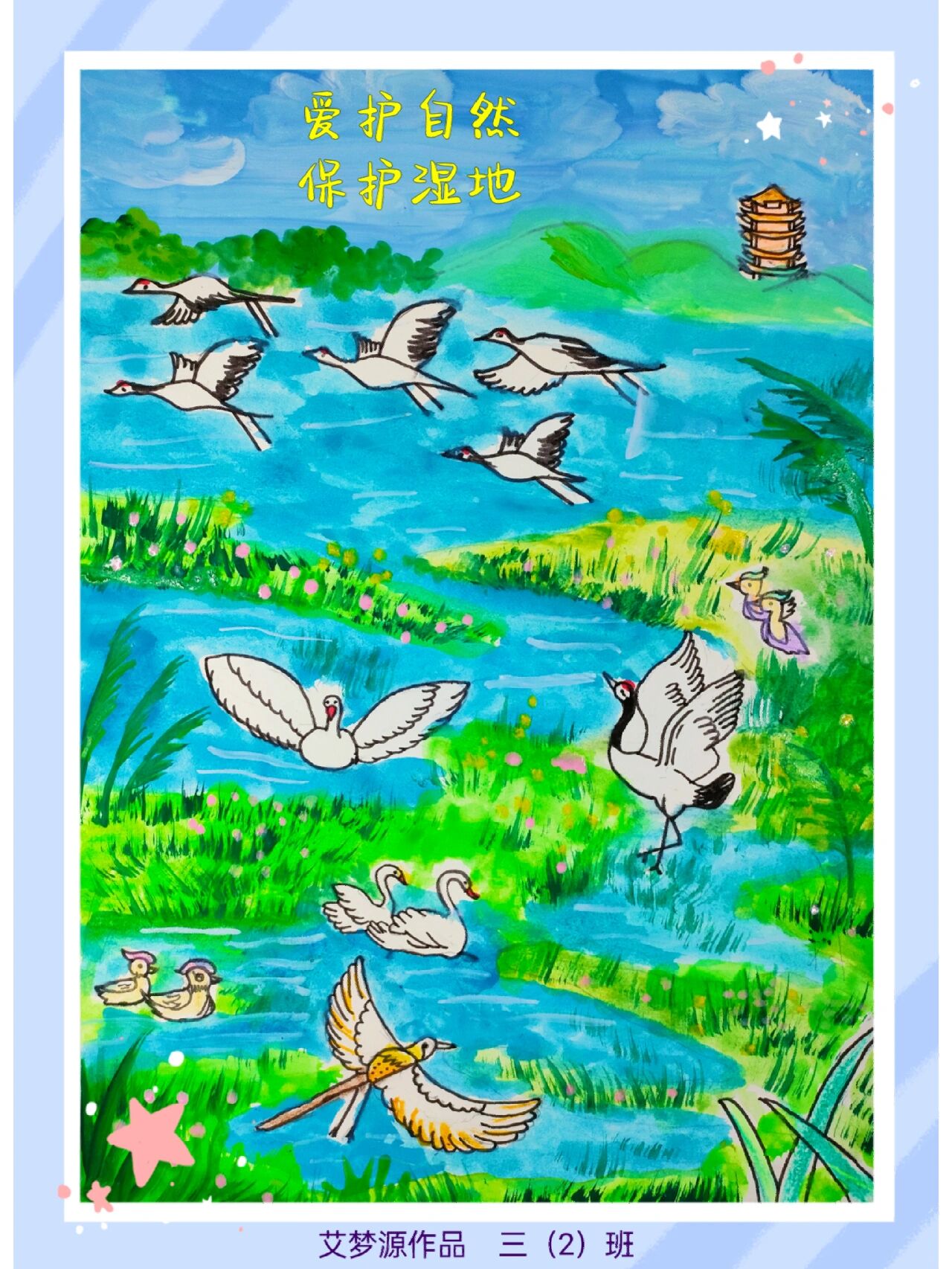 珍爱湿地,保护湿地主题绘画