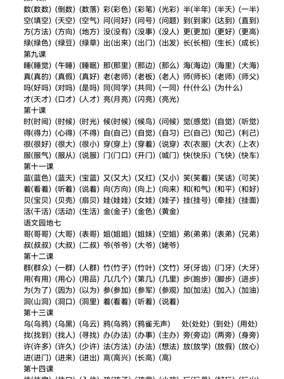一年级上册识字表组词